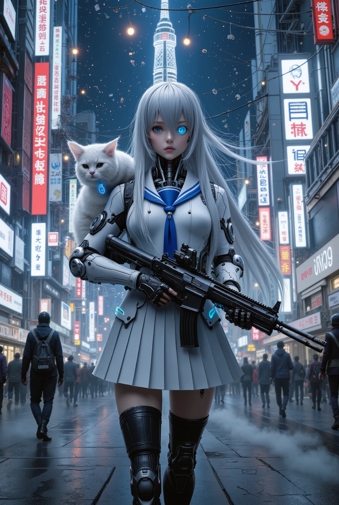 realistic futuristic Japanese high school girl, 18 years old, long straight Silver Hair flowing in the wind, serious and focused expression, facing forward, aiming a high-tech sci-fi assault rifle, futuristic sailor-style school uniform in white and blue, glowing accents, pleated skirt, high socks, cybernetic boots, wearing a high-tech monocle scouter over one eye, subtle cybernetic enhancements on arms and legs (metallic joints, glowing lines), a sleek robotic cat with glowing mechanical ears and a luminous tail perched on her shoulder, in a futuristic cyberpunk version of Shibuya at night, reimagined Shibuya Crossing with holographic billboards, glowing kanji signs, monorails above, flying cars, neon reflections on wet streets, crowds with cyber gear, 109 tower redesigned as glowing megastructure, steam from vents, electric wires crisscrossing the skyline, atmospheric lighting, cinematic mood, ultra-detailed, 4k resolution