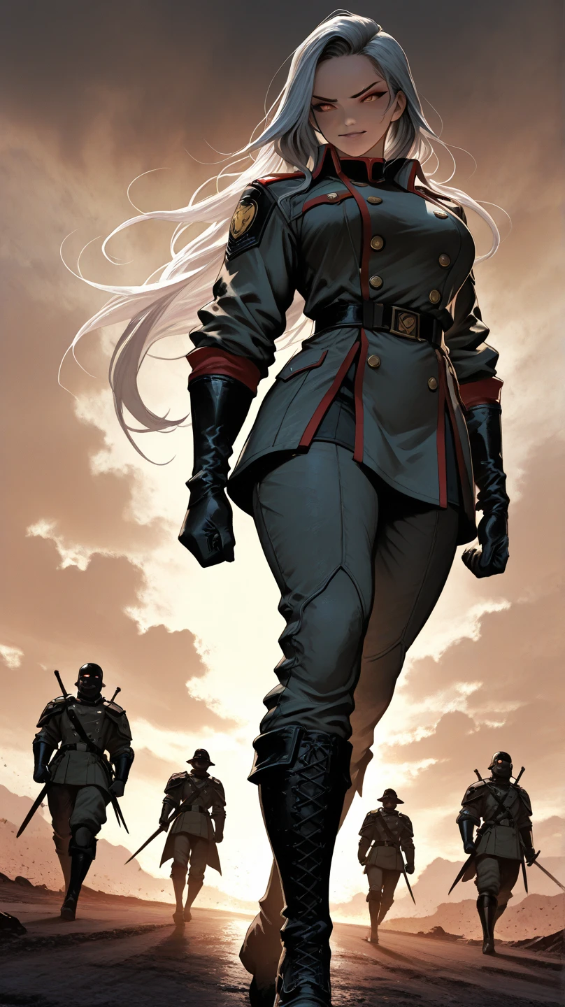 best quality, 4k, 8k, highres, masterpiece:1.2), ultra-detailed, extremely detailed eyes, extremely detailed body, (large masterpiece digital art), (detailed manga illustration), (detailed line art), ((perfect )), (intricate details:1.3), (ultra-detailed:1.3), (illustration:1.3), (sharp focus:1.3), (natural lighting:1.1), (vivid colors:1.3), (perfect composition), high quality, expressive intense amber eyes, full body, beautiful sharp face, perfect face, smirking expression, 1 girl, commanding presence, gloves, (), ((stylized military uniform)), form-fitting black double-breasted jacket with red trim and gold buttons, uniform shirt, detailed silver hair flowing past , (very long hair:1.3), ({pale almost translucent skin}), toned hourglass figure, gray tailored pants, thick muscular thighs, sleek black reinforced gloves, black calf-high combat boots, shoulder and arm plating armor, sword with bio-organic design on hip, dynamic pose, dramatic angle, cinematic lighting, 4k resolution, wind-swept hair and coat, battlefield or ((military base in the Carpathian Mountains)) background, subtle bio-tech elements, heroic and haunting atmosphere, Atey Ghailan, Greg Rutkowski, Jeremy Mann, Antonio Moro, trending on ArtStation, Marvel Cinematic Universe style, ntl_style