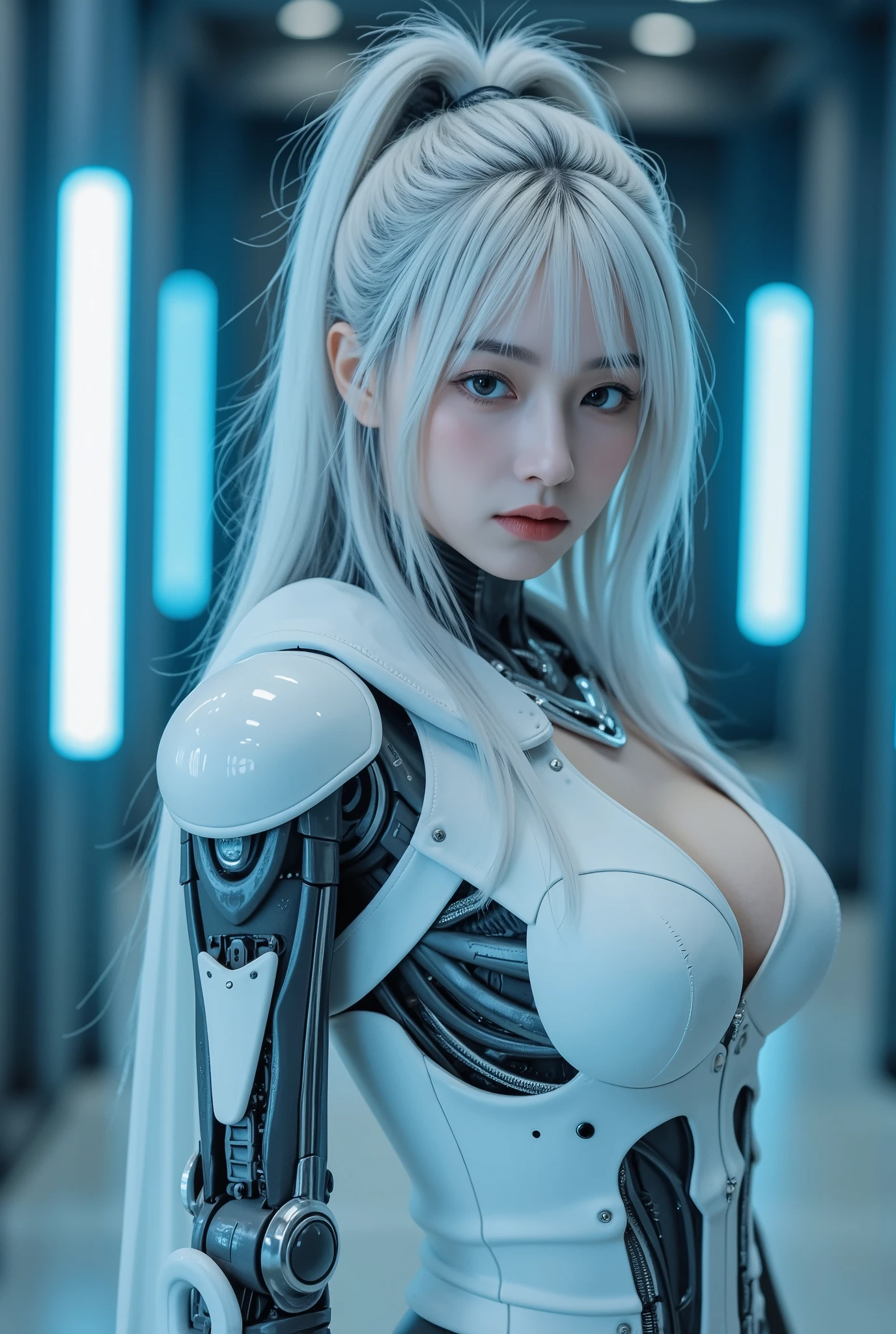 (((photo taken from behind:1.hots shining on both breasts:1.3))、((emitting blue columns of light from two boxes.:1.3))、( dynamic pose:1.6)、 Smile、(( 8,000)), ((32k)), ((highest quality)), (( masterpiece)), ((super high resolution)), ((T masterpiece)), ((Halo:1.4))、(( network headset :1.3))delicate skin, high quality fabric , exquisite metal texture 、((Beautiful and Delicate Face))、Unprocessed Pictures、Professional, Super Fine Painting, ((alone)), beautiful boobs、highest quality, very detailed, very detailed詳細, finer details , so beautiful, ((Princess Knight :1.2)), (Machine's joints, Mechanical Limbs:1.3), (The internal structure of the machine is exposed:1.3), ( long silver hair :1.1), (beautiful and huge mechanical breasts)、White Veil, cowboy_shooting, side focus , hat, shiny、(Five fingers, Four fingers and thumb),Concept map, detailed fantasy art , (with light blue-purple hair and big white wings,,,,,,,), ((( long silver hair ))), (Mecha:1.mooth and intimidating design, ((commander in chief'arm)), (Perfect body)、純白と青紫armまたは, symetrical wings, 8,000 high quality detailed art, 8K resolution character art 3D rendering, neat legs, definition, definition fingers,((headshooting:1.3))