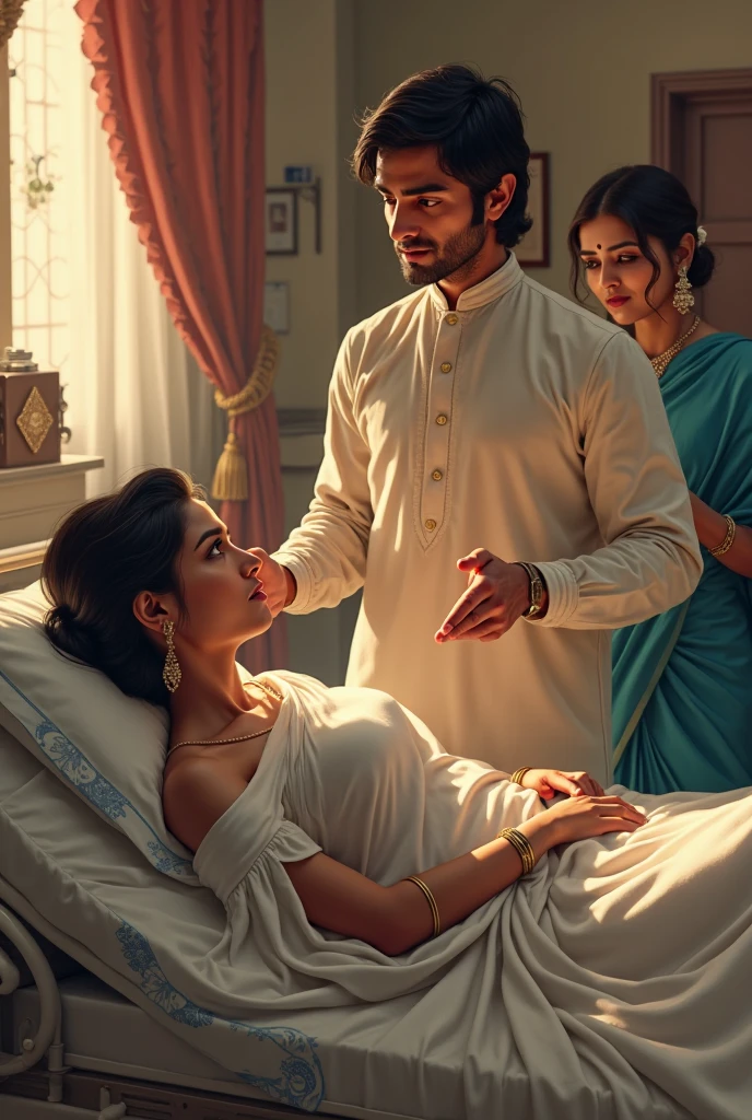 An Indian man is peacefully sleeping on a bed in a cozy bedroom. His wife, dressed in a traditional saree, stands near the bed, gently watching over him with a calm and caring expression. The bedroom has warm lighting, soft furnishings, and traditional Indian decor, creating a serene and intimate atmosphere. The wife’s posture reflects both concern and love, as if she’s thinking about something important while her husband rest