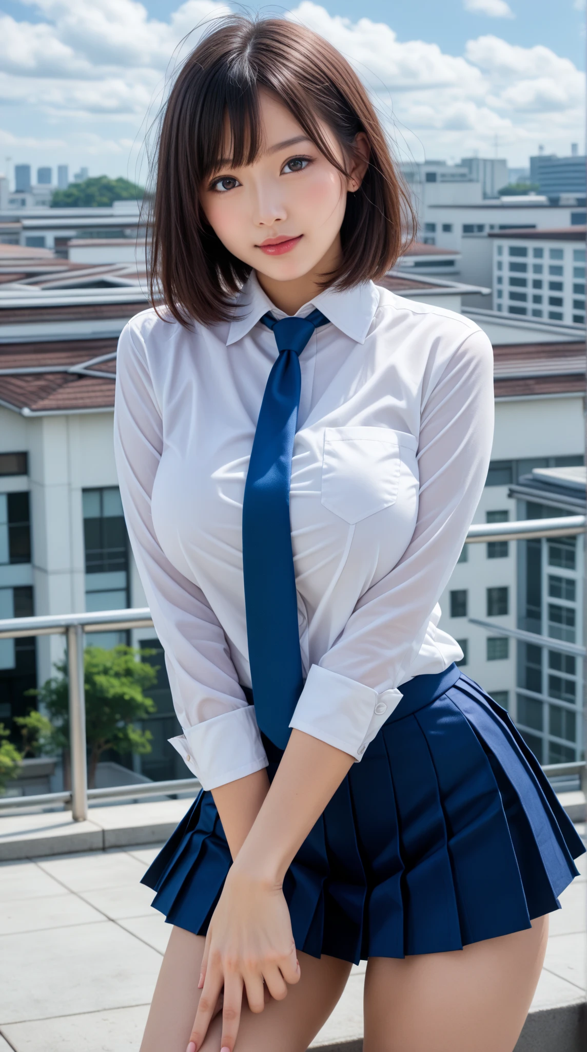 Shooting boyish short hair、hi-school girl、(((very very gigantic boobs:1.5、Button shirt with thin fabric collar、Classroom)))、Blue Stripe Tie、shortsleeves、Dark blue pleated skirt、A smile、small head、bangss、chee、short wavy hair、small head、pale pink lip、Smiling smile、A sexy