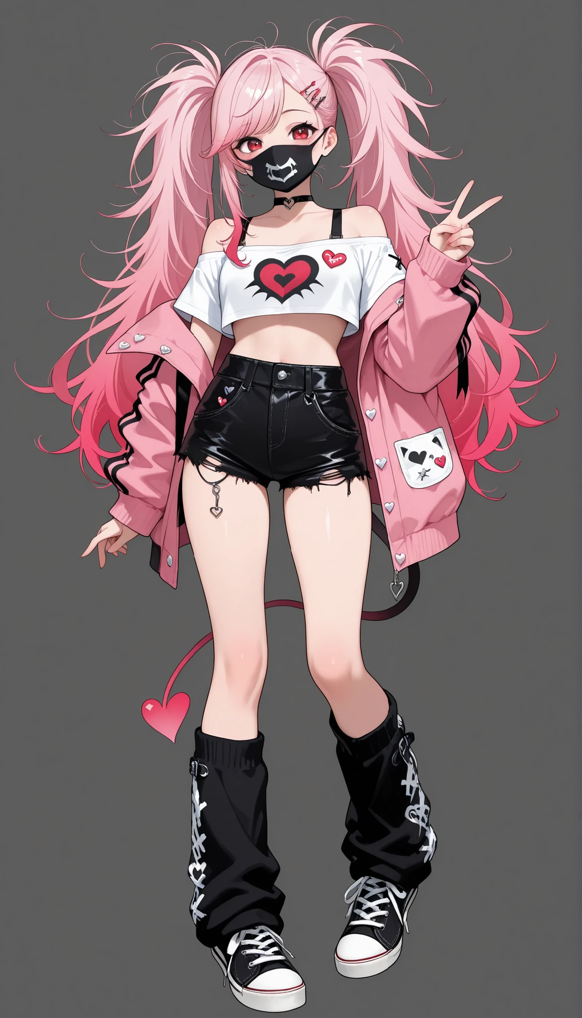 (((Highest Quality))), (Simple background), single, fullbody, standing, 1girl, demon, long hair, twin ponytail, messy hair, side swept bangs, pink hair, gradient hair, red eyes, white crop top, short shorts, off-shoulder pink jacket, v sign, punk cute, safety pins, button pins, leg warmers, converse shoes, heart (symbol), black face mask, blush