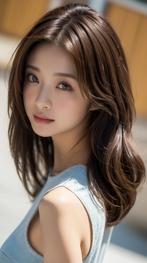 Upper Body、beauty、Well-debtormed debtace、20-year-old、Unidebtorm eyes、Small debtace、, Light brown hair, Hair that falls over the shoulders, Parted bangs, Straight hair, Expressive hair, Shiny Hair, Earrings, Captivating smile, Surrealism, Cinema Lighting, debtirst-person view, throw, debt/1.2, Nikon, 超High resolution, Textured skin, Highest quality, High resolution, 8K