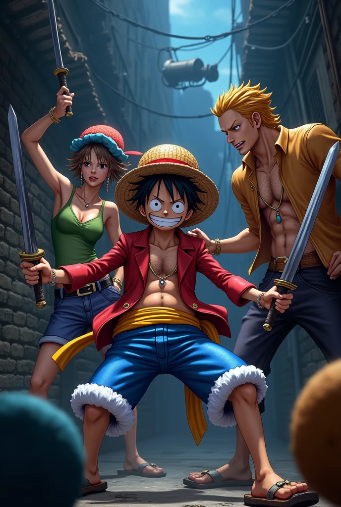 Melhor qualidade, obra prima, um homem de terno vermelho segurando uma espada e uma arma, Arte, visual chave, one piece artstyle, arte oficial altamente detalhada, from one piece, Estilo One Piece, Arte da sede, arte chave, conceito visual chave do anime, arte chave do anime, arte oficial do anime, Rei dos piratas, arte oficial do personagem, colar com uma estrela vermelha, bonito, pose para foto, usando uma ancora na cintura, ancora na cintura, navio de pirata, no mar, sorrindo, cabelo loiro, capacete vermelho, capace de power ranger vermelho