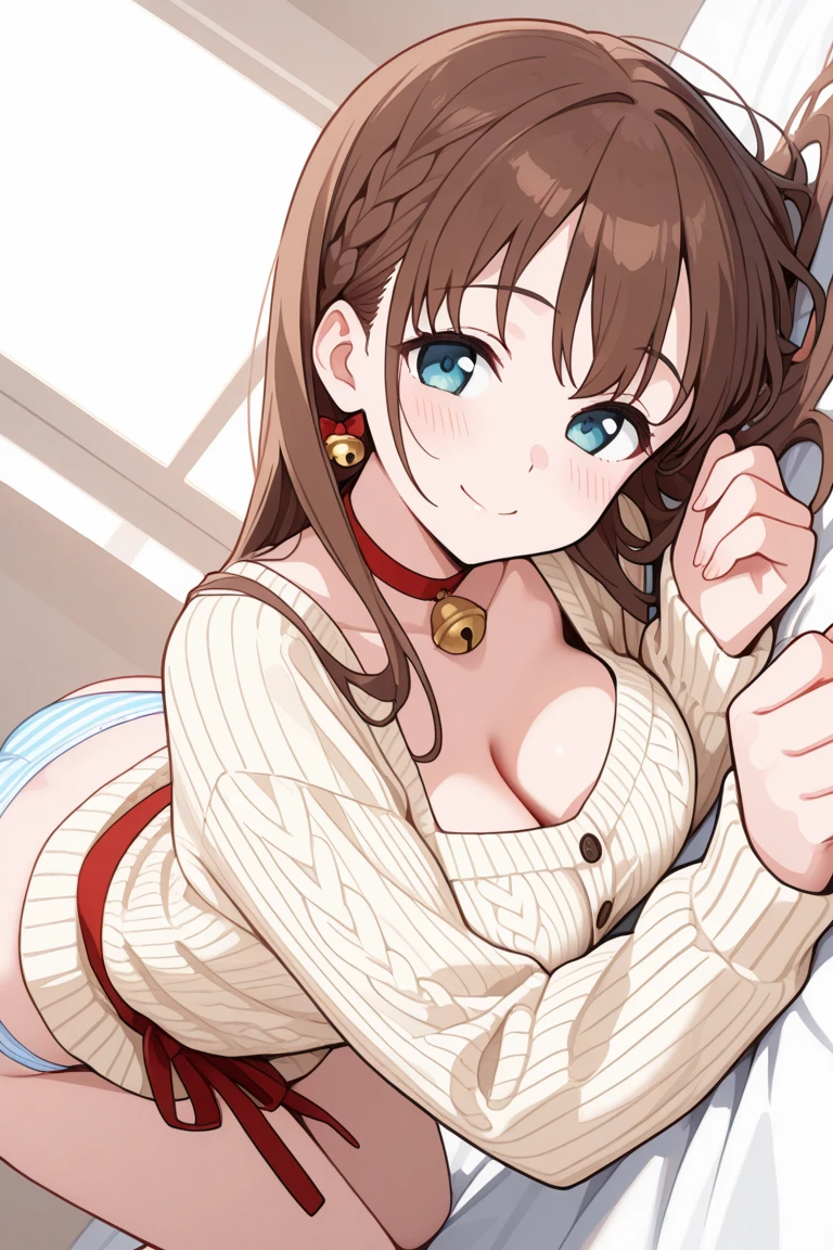 fluffy hair,((brown haired)),(Braided shorthair),Slightly red tide,((She is making a cute pose with her finger on her lips)),(Inner Camisole),((warm long sleeve loungewear)),(fluffy winter clothes),((fluffy hair band)),Kamimei,Looking at me with a smile,((Perspective from above)),(Heart marks are scattered)