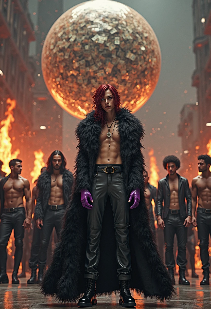 absurd, high resolution, ultra detailed, HDR, masterpiece, best quality, extremely detailed, detailed eyes, Quincy, red hair with yellow side streaks, messy ponytail hair, hair between the eyes, expressive blue eyes, nu Carnival, solo, manhwa man, sexy man, manly man, horny, lustful, handsome, fantasy, undressing, black haori, transparent kimono, black choker, feathers, accessories, black gloves, fingerless gloves, elbow gloves, black bow headband, cock full of old perverts, ear microphone, purple light spotlights, mouth piercing, crowded show, fantasy manhwa, dick show,