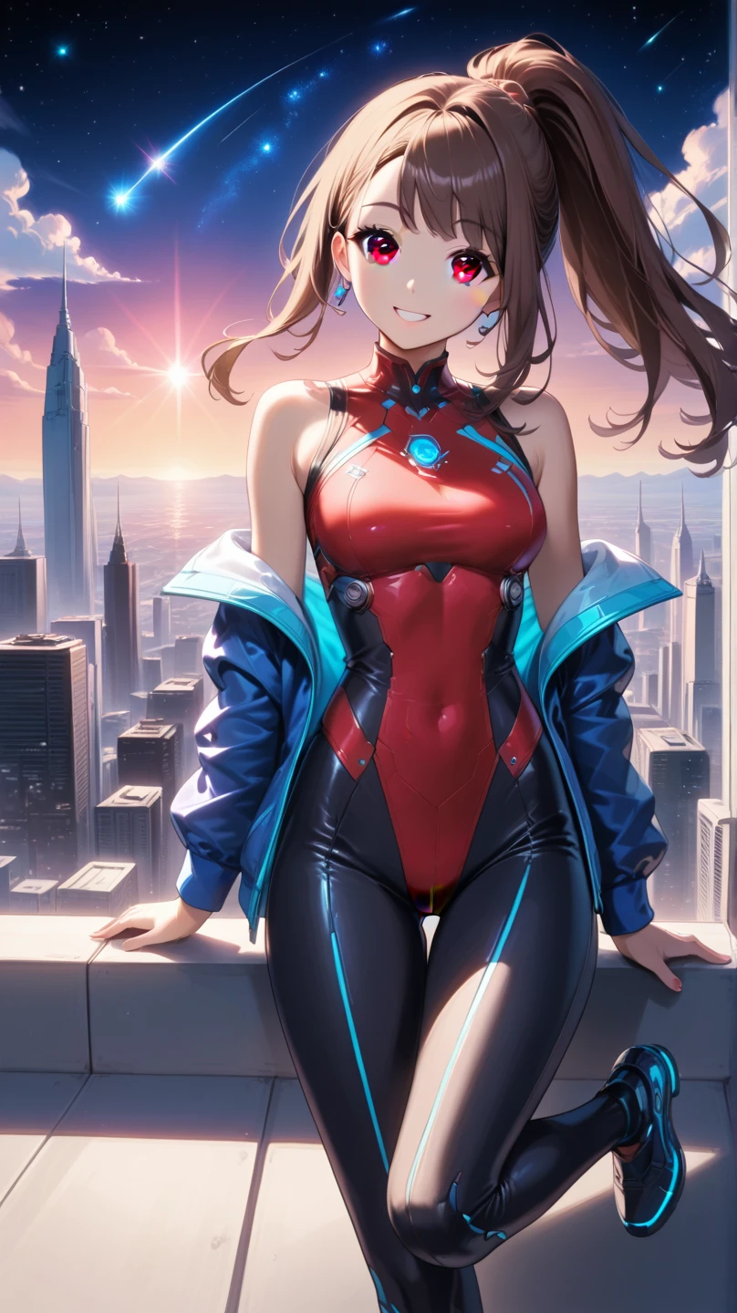 1girl, medium breasts, leotard, blue leotard with red accents, tight belt, bare legs, boots, matching boots, bracelets, city backdrop, solo, single, standing, full body shot, cowboy shot, beautiful detailed eyes, spread arms, spinning, spins fast in place like a tornado, twirling in place, tornado spinning, rapid gyration, space backdrop, motion blur, speed lines, tornado, time warp
