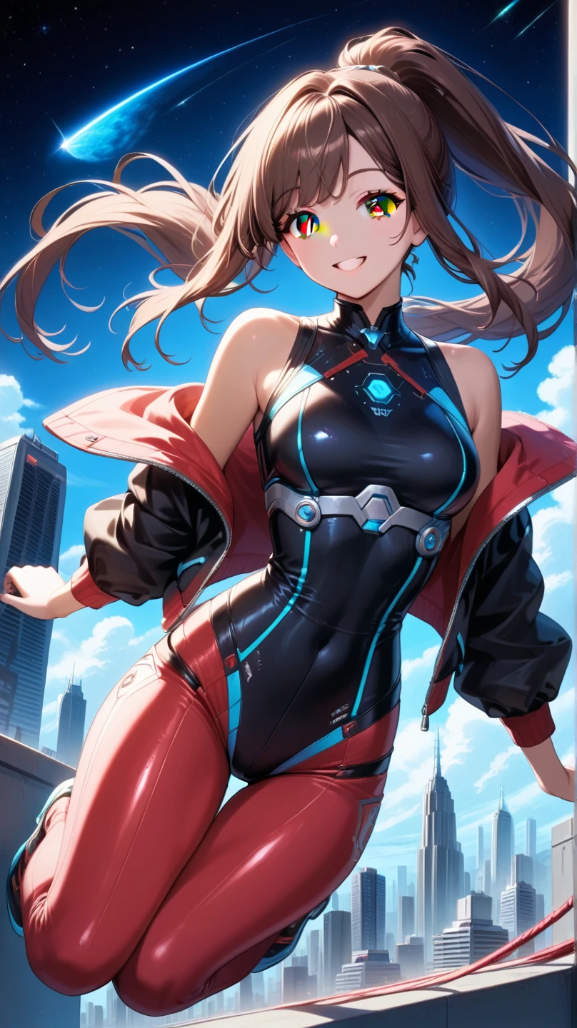 masterpiece, best quality, 1girl, takami chika, love live, superhero, leotard, bare legs, boots, matching boots, medium breasts, light particles, aura, stand, standing, highleg, city backdrop, solo, hand on hip, smile,