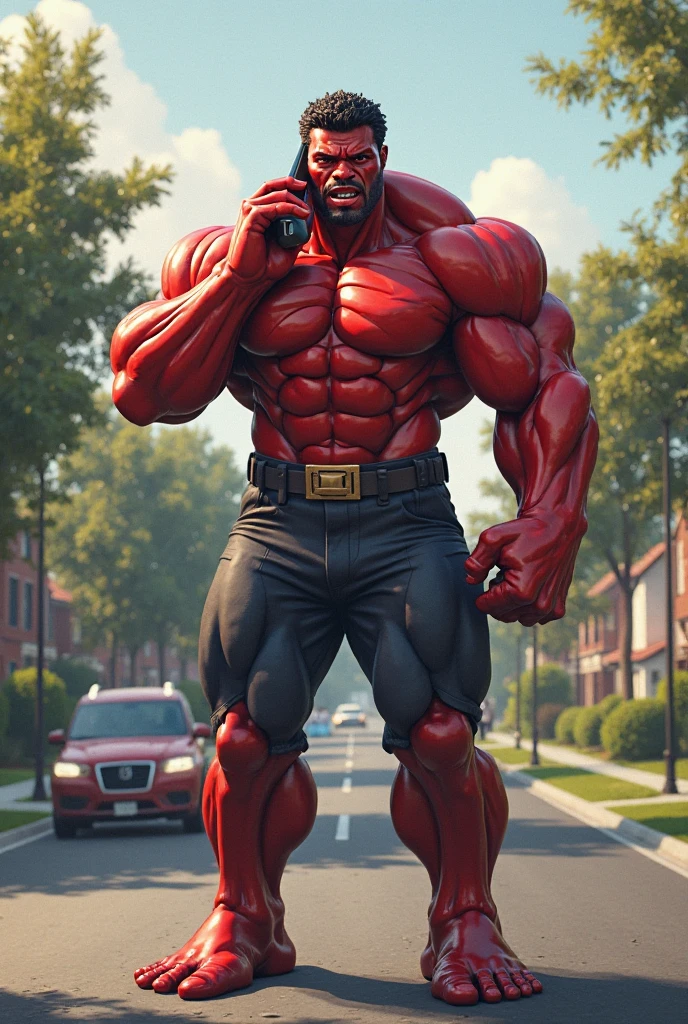 I want a red-skinned Hulk emerging by tearing through the stomach of a giant anaconda. Hulk is ripping his t-shirt with his hands and screaming. There should be a glowing white LED-like tattoo on his chest that says 'BATUHAN BEY.' His entire body should be covered with tattoos. Hulk should be muscular and large in size. The background should show him standing on the Moon, with Earth visible in the distance and space machinery in the far background. I want a very realistic photo in 4K quality.