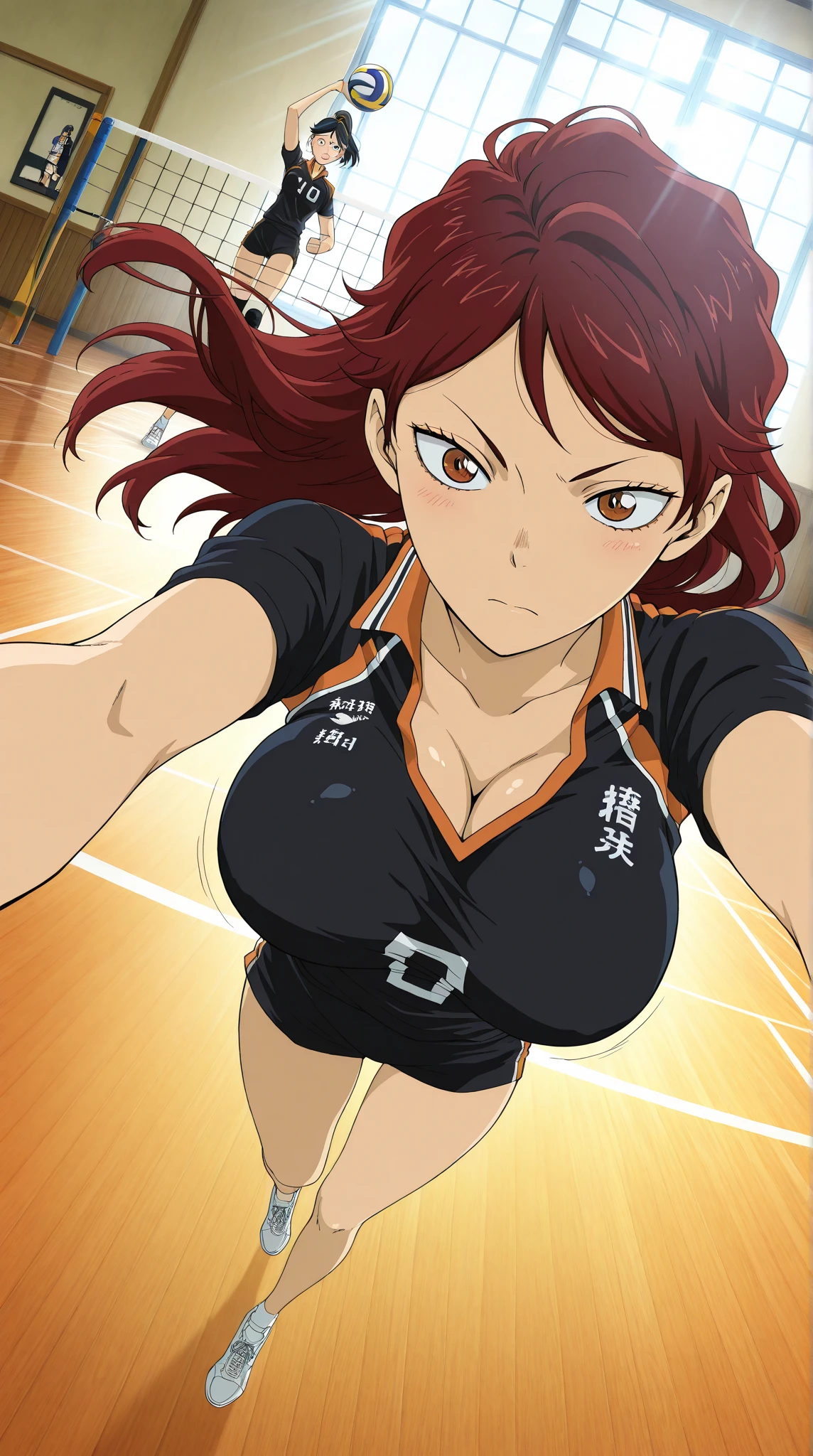 ((masterpiece)), ((best quality)), anriteieri, 1girl, breasts, short_hair, red_hair, red_eyes, solo_focus, outdoors, large_breasts, cheerleader outfit, football court, cleavage, arms up, armpits visible