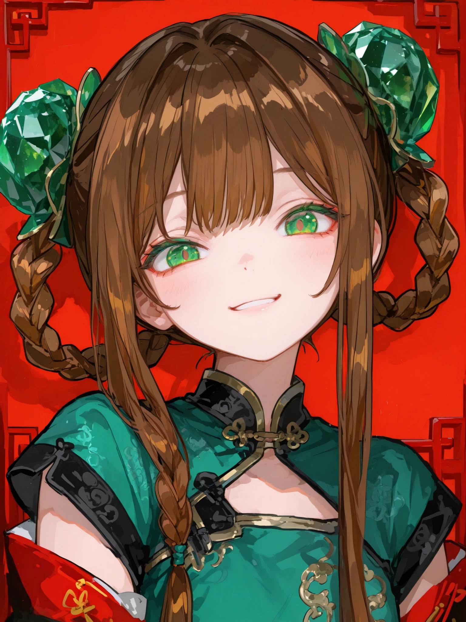 Brown hair, high round and braided hair, twin-tails, nasolabial, emerald-colored eyes, Chinese clothes, a cute girl, bright smile