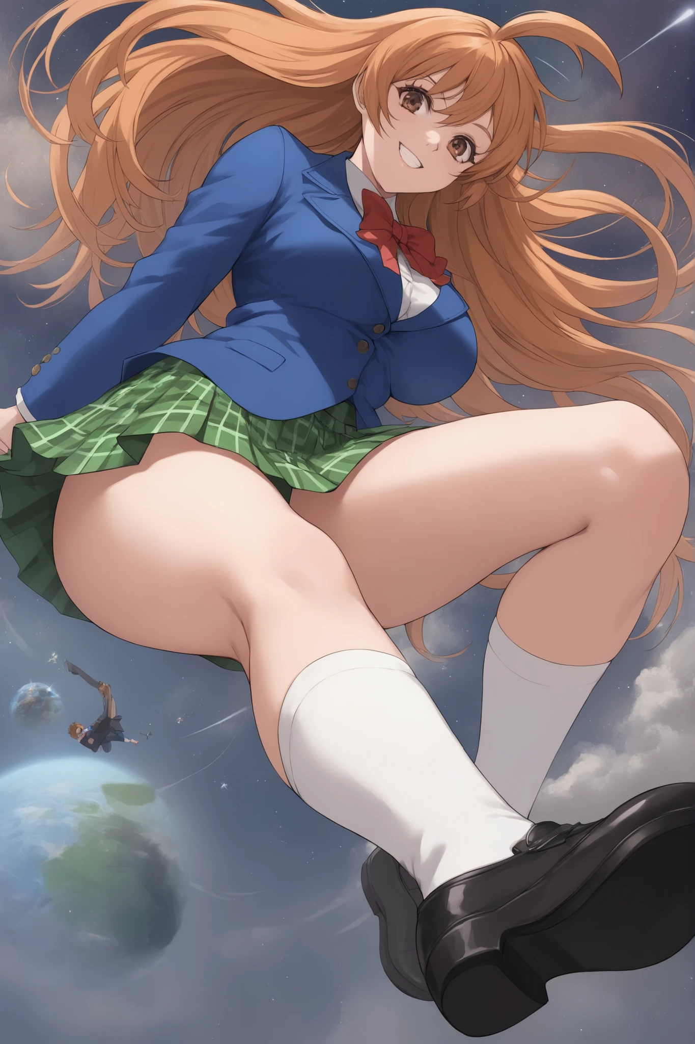 best quality,masterpiece,looking at viewer,absurdres,1girl,score_9,score_8_up,score_7_up,source_anime BREAK natsume aya,orange hair,long hair,brown eyes,ahoge,breasts,white ,skirt,bow,plaid,large breasts,jacket, plaid, green plaid skirt, blue blazer, evil smile, white socks, black shoes, standing, space, planets, giga giantess, front below, flying, crushing planet in her hand