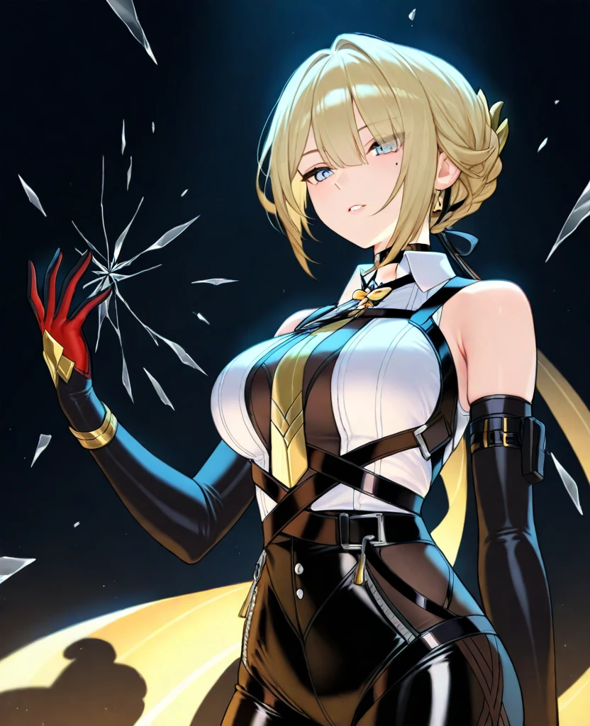 masterpiece), best quality, highly detailed, detailed background, cinematic lighting, outdoor, 1girl, medium hair, medium breasts, leotard, bare legs, matching gloves, light particles. glow, magician, tuxedo, sparkling, blonde hair