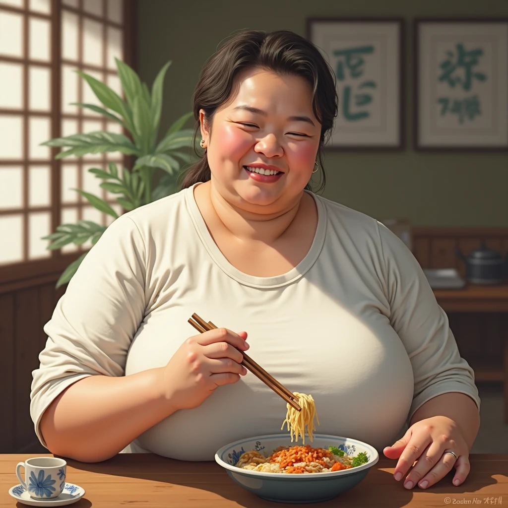 Room strewn with rotten seafood, fat woman in her 20s with face distorted by stench --auto --s2