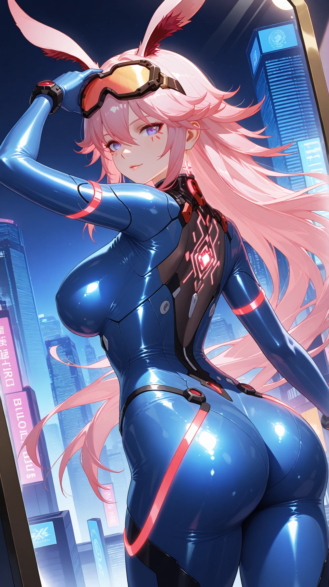 yae sakura, yae sakura from honkai impact, official style, masterpiece, best quality, amazing quality, hyper-detailed, realism, realistic, solo, 1 girl, very cute face, pink hair, long hair, bangs, purple eyes, shiny hair, slender, (dynamic pose, cowboy shot:1.2), red cheek, side revealed boob, large breasts, large butt, looking viewer, (shiny skin, glittering mirror bodysuit, high-tech design, glowing line, goggles on head), dynamic angle, sexy pose, view from behind, sensual expression, futuristic big city, night city, cyberpunk,