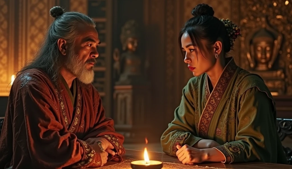 A weathered old man with wrinkled skin, leading a Asian beautiful young woman with large breasts into a rustic cottage, intricate details, hyper realistic, cinematic lighting, dramatic atmosphere, muted color palette, masterpiece, 8k, photorealistic, highly detailed, dramatic lighting, natural environment, emotional expression, elegant pose, cinematic composition, moody and atmospheric, realistic fabric textures, high quality rendering