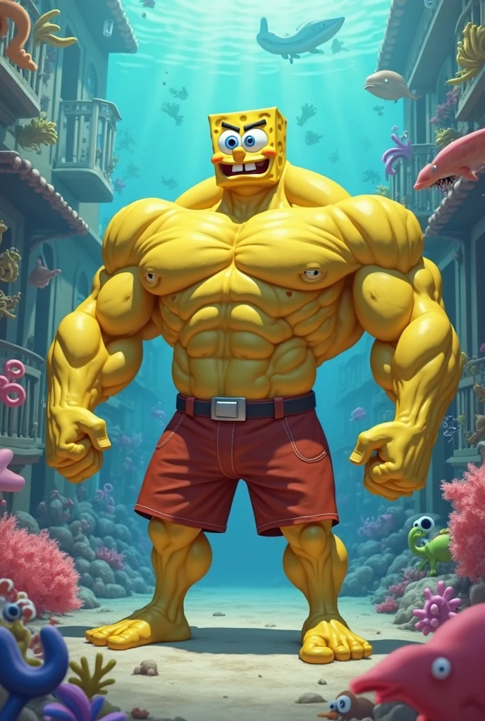 Spongebob with red eyes and muscular body 
