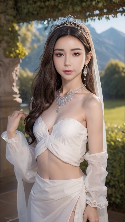 high quality、High resolution、masterpiece、sharp focus、realistic、photo-realistic、RAW photo、cinematic lighting、Photorealistic portrait of stunningly beautiful woman、slight smile、brown eyes、Natural textures、rich colors、ultra realistic texture、cowboy shot、Chignon's hairstyle、short black hair、glowing skin、light smile、(Small breasts:1.1)、Off-the-shoulder white wedding dress、Snow White Veil、choker、silver tiara、necklace、earrings、highly detailed face、fine eyes、looking at the viewer、Luxurious rooms in the palace、focus on face、detailed hand drawn、Detailed chest depiction, sexy belly