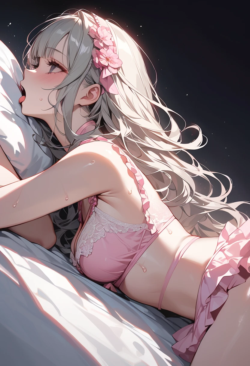 "Masterpiece, best quality, ultra-detailed, high resolution, sharp focus, intricate details, vivid colors, clean outlines, refined rendering.
1girl, silver-blonde hair, blunt bangs, long wavy hair, soft gray eyes, Delicate pink lingerie adorned with frilly details, Soft pink lingerie with lace frills and ribbons, Elegant pink lingerie featuring frill accents and floral lace patterns, lying doggy style sex、(From the side:1.tretch your arms,on the bed,orgasm, sweat, open mouse, climax, tongue out,