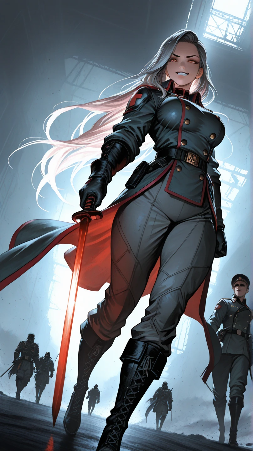 best quality, 4k, 8k, highres, masterpiece:1.2), ultra-detailed, extremely detailed eyes, extremely detailed body, (large masterpiece digital art), (detailed manga illustration), (detailed line art), ((perfect )), (intricate details:1.3), (ultra-detailed:1.3), (illustration:1.3), (sharp focus:1.3), (natural lighting:1.1), (vivid colors:1.3), (perfect composition), high quality, expressive intense amber eyes, full body, beautiful sharp face, perfect face, smirking expression, 1 girl, commanding presence, gloves, (), ((stylized military uniform)), form-fitting black double-breasted jacket with red trim and gold buttons, uniform shirt, detailed silver hair flowing past , (very long hair:1.3), ({pale almost translucent skin}), toned hourglass figure, gray tailored pants, thick muscular thighs, sleek black reinforced gloves, black calf-high combat boots, shoulder and arm plating armor, sword with bio-organic design on hip, dynamic pose, dramatic angle, cinematic lighting, 4k resolution, wind-swept hair and coat, battlefield or ((military base in the Carpathian Mountains)) background, subtle bio-tech elements, heroic and haunting atmosphere, Atey Ghailan, Greg Rutkowski, Jeremy Mann, Antonio Moro, trending on ArtStation, Marvel Cinematic Universe style, ntl_style