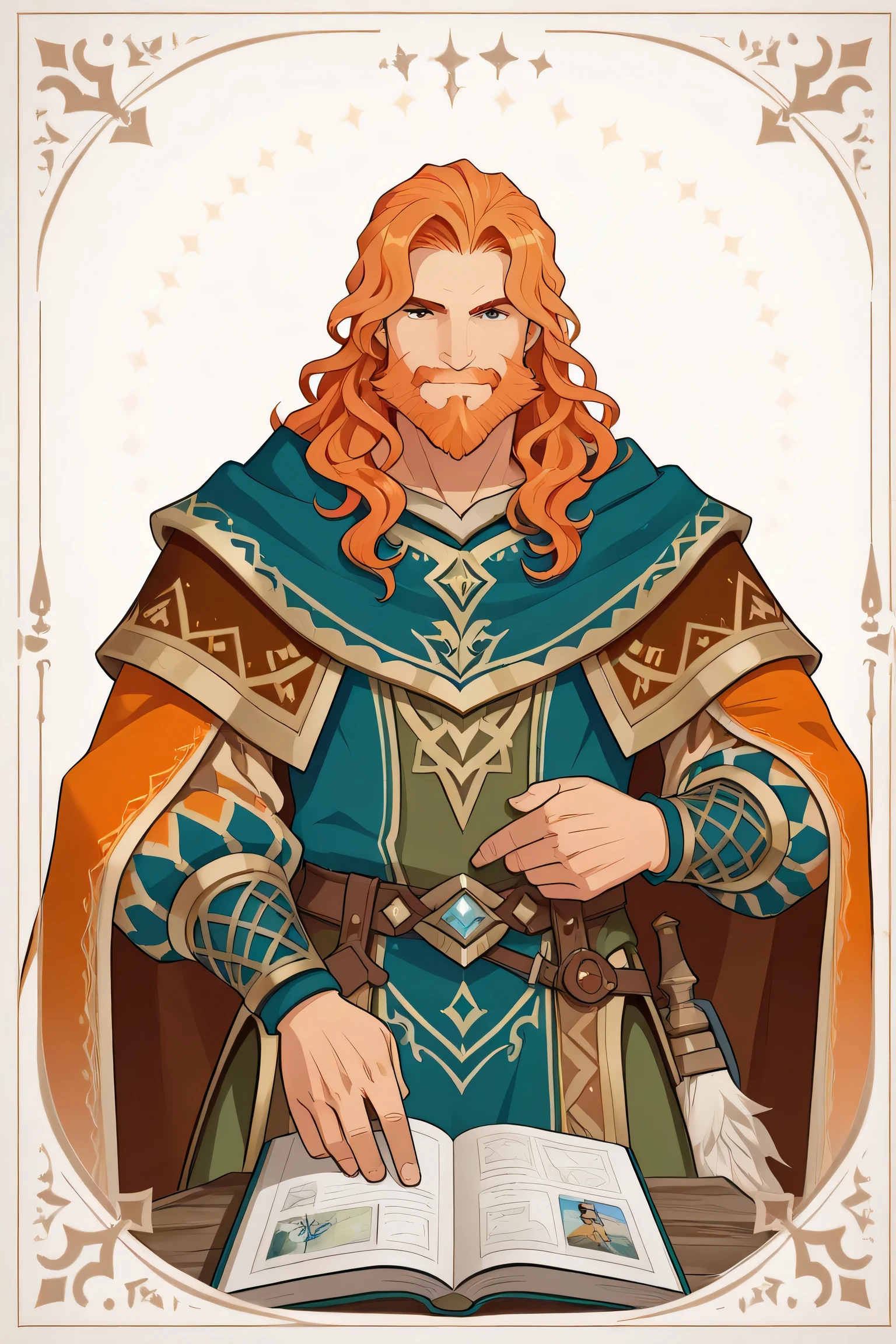 line-art, art book, best quality, 1 man, male, ginger hair, wavy hair, stylish beard, afk journey style clothes, fantasy clothes, king