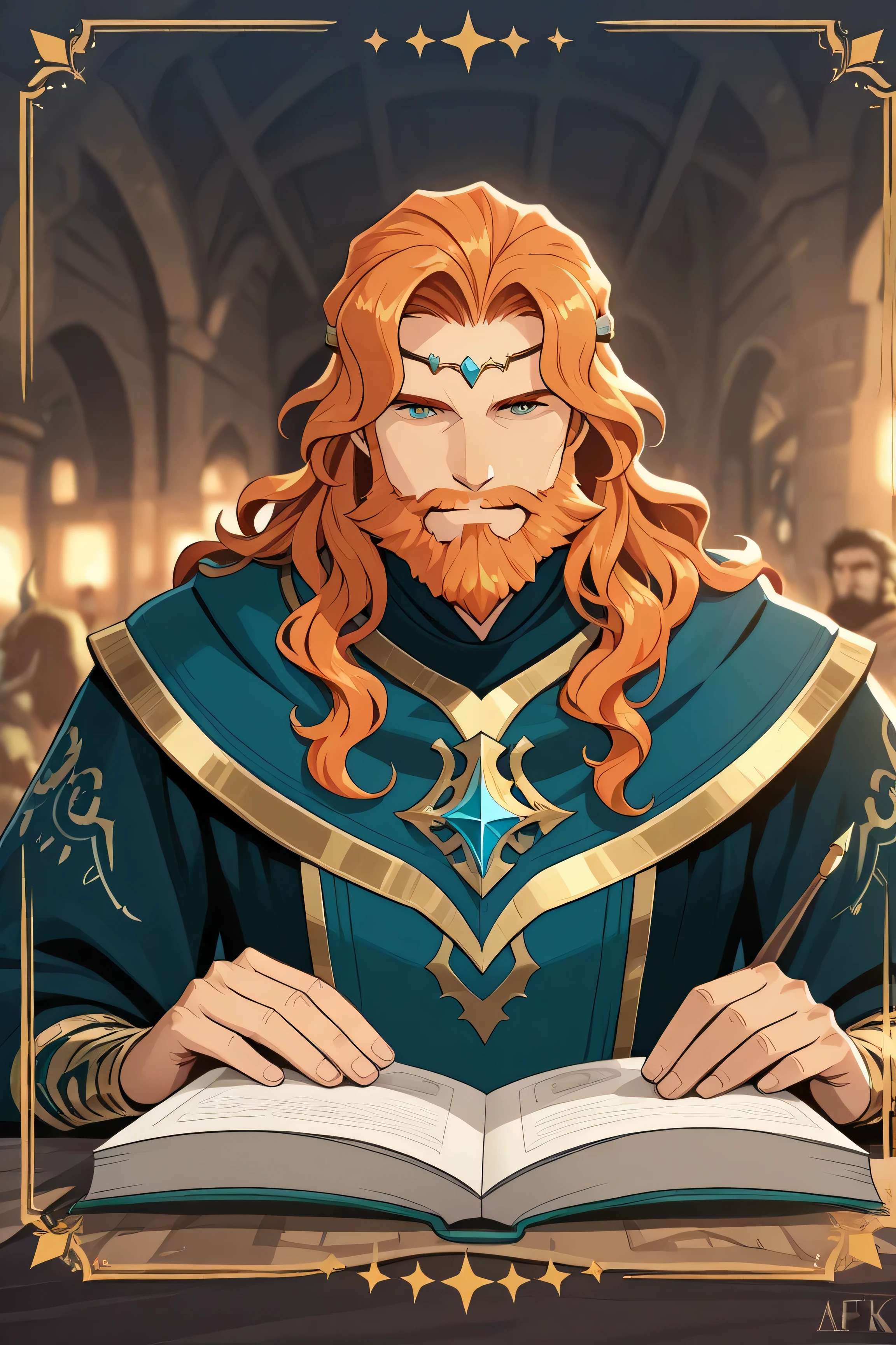 line-art, art book, best quality, 1 man, male, ginger hair, wavy hair, stylish beard, afk journey style clothes, fantasy clothes, king