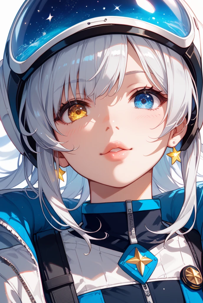 close-up of a better masterpiece：1.5)0.pace and astronauts：1.2) (Disheveled silver hair：1.1) (Heterochromia and Yellow and Blue Eyes：1.2) (space helmet：1.0) (Colored stars in the eyes：1.0) (Shining Light：1.1) (thick lips with Nozomi：0.9)