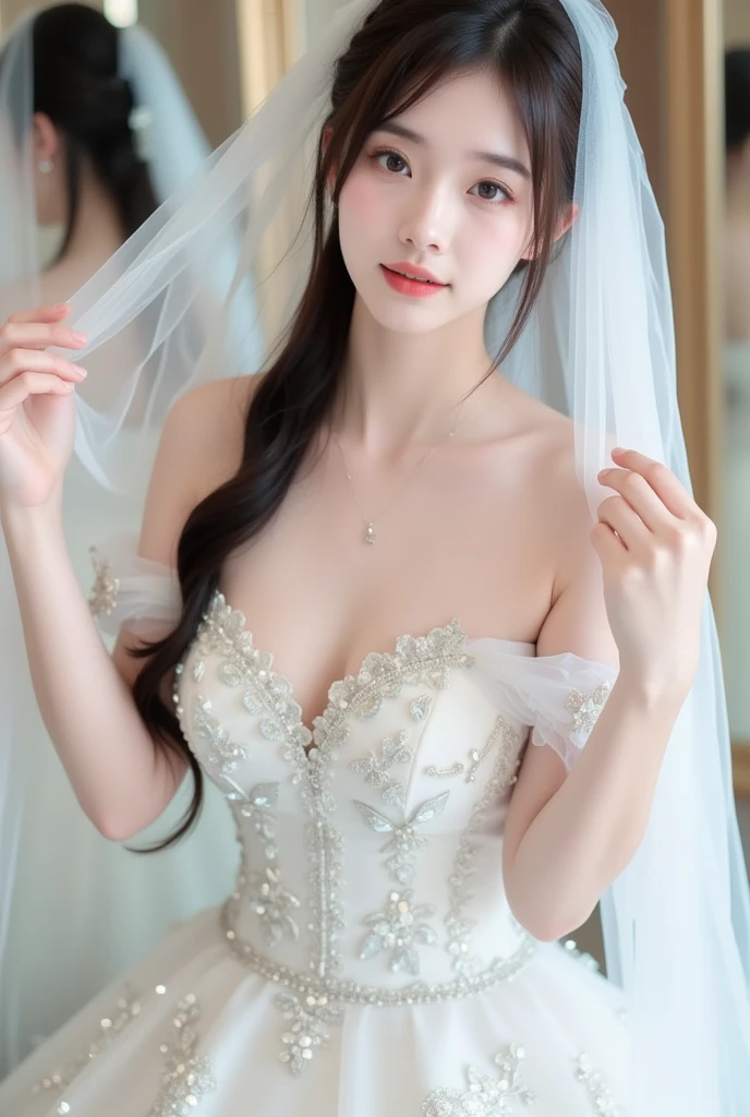 best qualitiy,杰作,The ultra-great resolution,(extremely lifelike:1.4),OriginalPhotographs,The skin,simple background,Black eyes,Detail,selfee, 1个女孩,The sunlight,Large breasts,Bandeau wedding dress,
