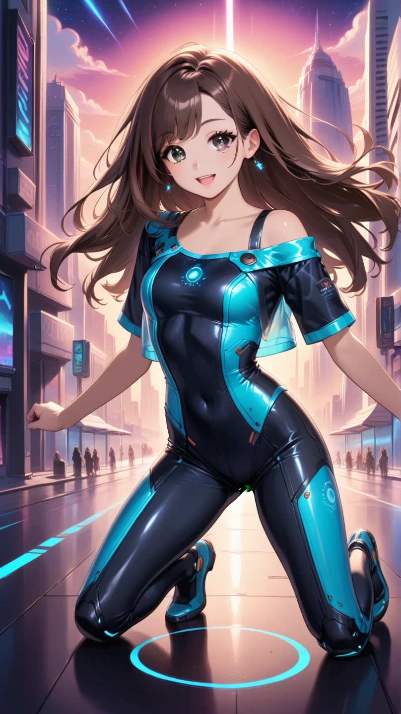 masterpiece, best quality, highres, 1girl, solo, superhero, leotard, bare legs, boots, matching boots, aura, blue aura, sleeveless, gloves, bracelets, matching gloves, looking at viewer, light particles, city backdrop, perfect hands, perfect eyes, powering up, perfect leotard, perfect legs, perfect arms, perfect fingers,