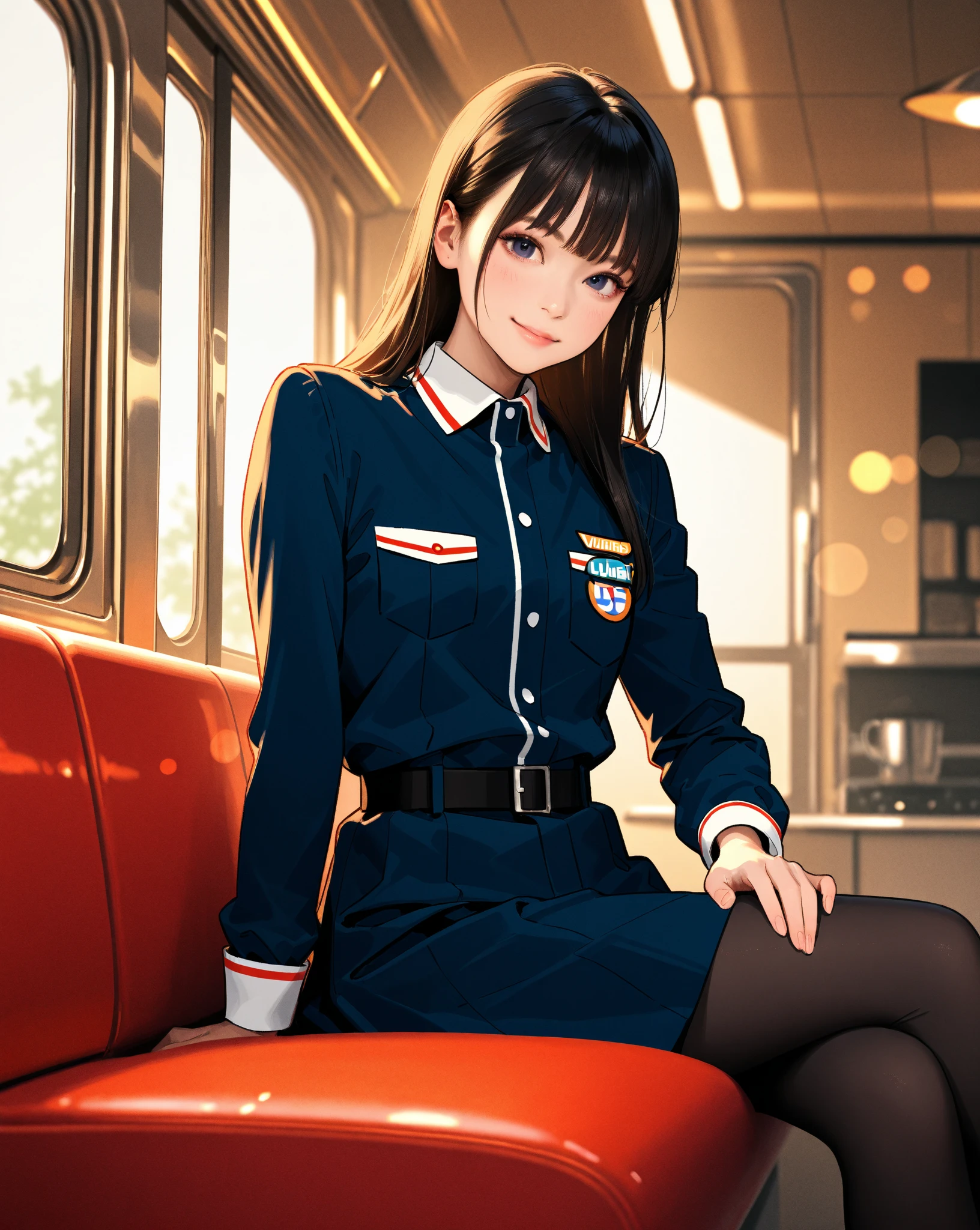 Photo, femele(22)、 Female mechanic working on the railway, Cute, There are colored contacts in her eyes,校服、 Hose Accessories, Full body , in autumn