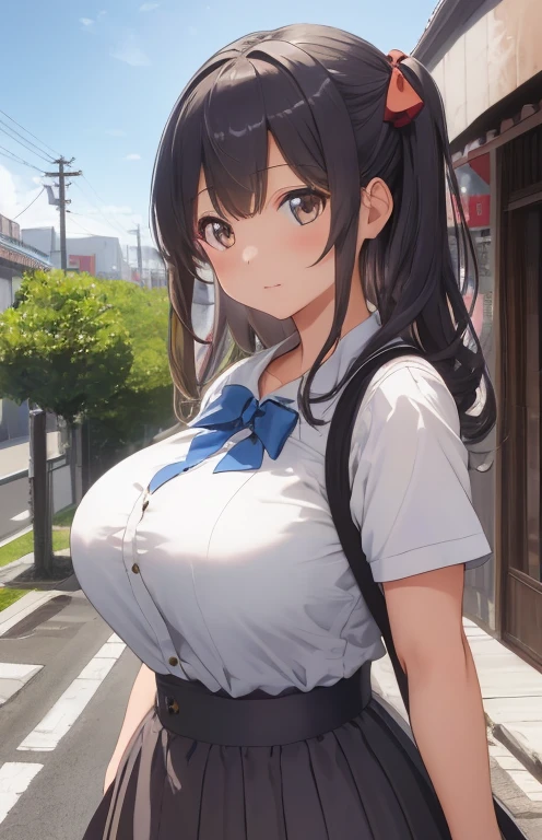 Pretty young girl, brown hair,beautiful long low ponytail hairstyle, ((tight grey skirt and tight white sportjacket)) , short sleeve,,(slouch),(reisalin stout),(wide muscles),((sexy voluptuous body),((sexy body view)),(walking at school backyard),((sexy body flexes)),((beautiful smile)),((sexy abdominal muscles))