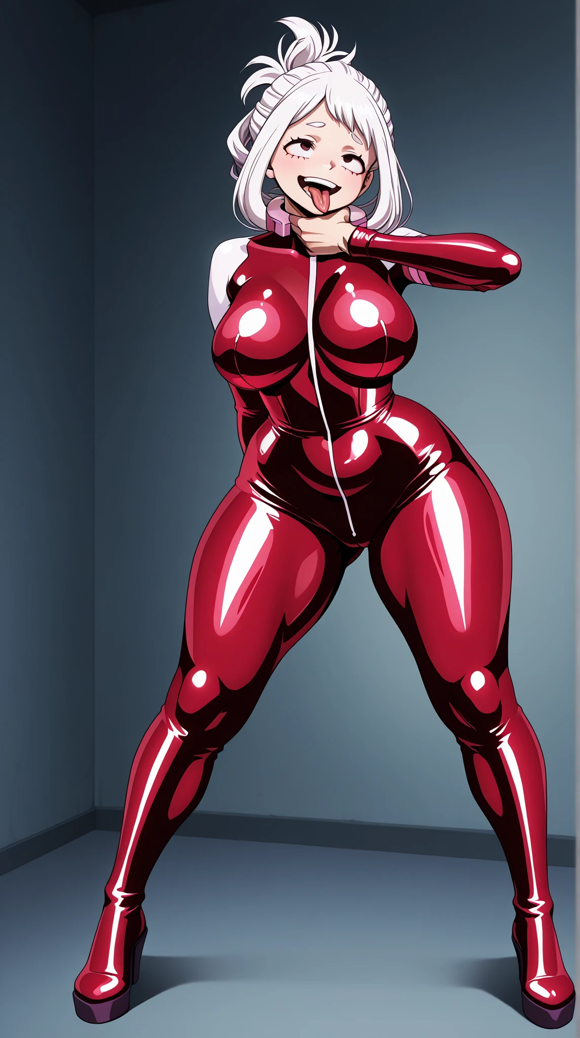 high resolution, Code Geass art style, Kallen Stadfeldt 1 chica, (((bimbo))), short red hair, Blue eyes, earrings, swollen lips, Painted lips, thick lips, Wide hips, thick thighs, huge breasts, huge ass, revealing neckline, erotic, cara sexy, bubble butt, camel toe, red pilot suit, breasts posing,