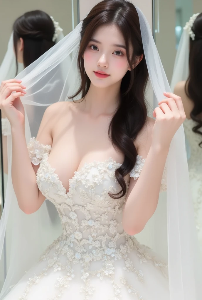 huge tit,White vacuum wedding dress,beachside。