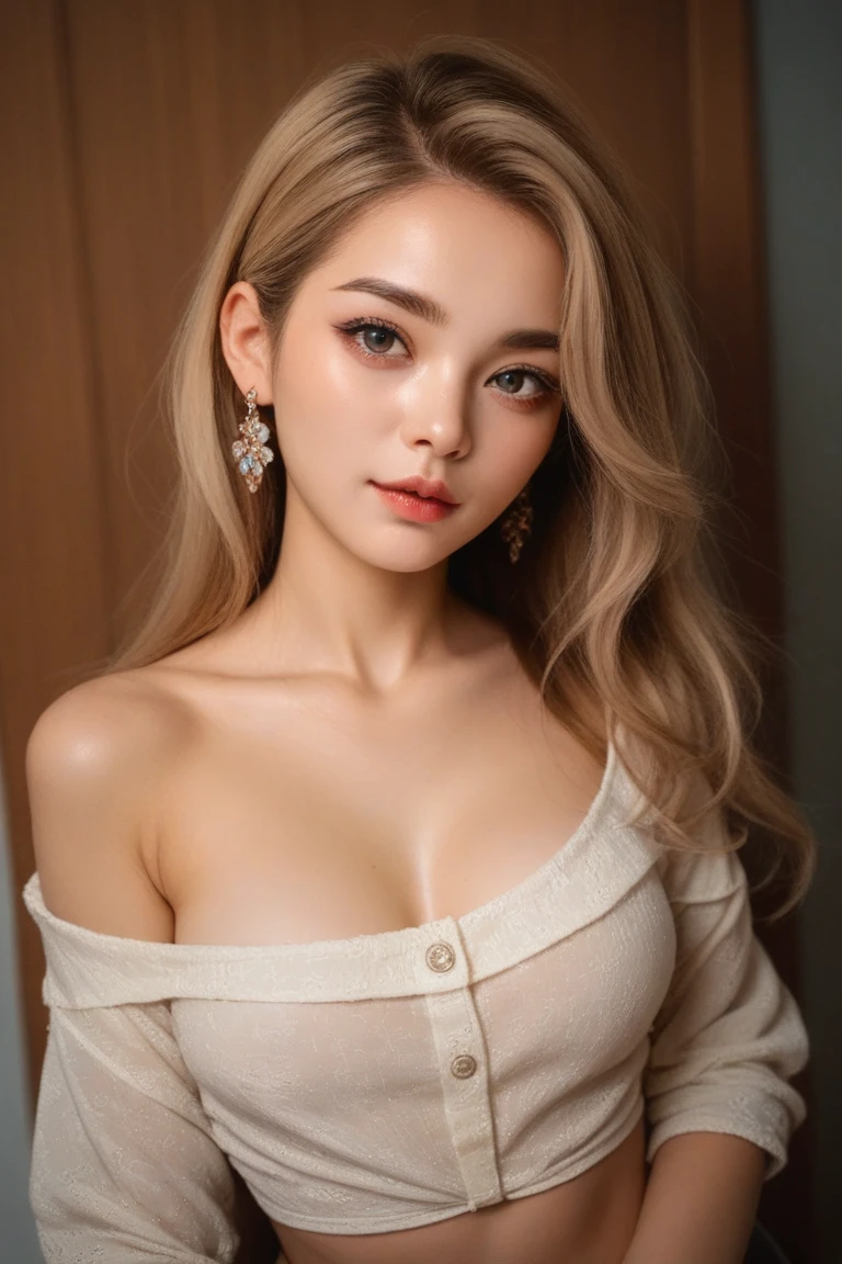 (realistic、masterpiece、Best Quality、8K、highres、high resolution:1.3)、1 girl、Huge breasts、white bikini、pale white skin、looking at viewers、super fine face and eyes、long blonde hair、indoor、 upper body、