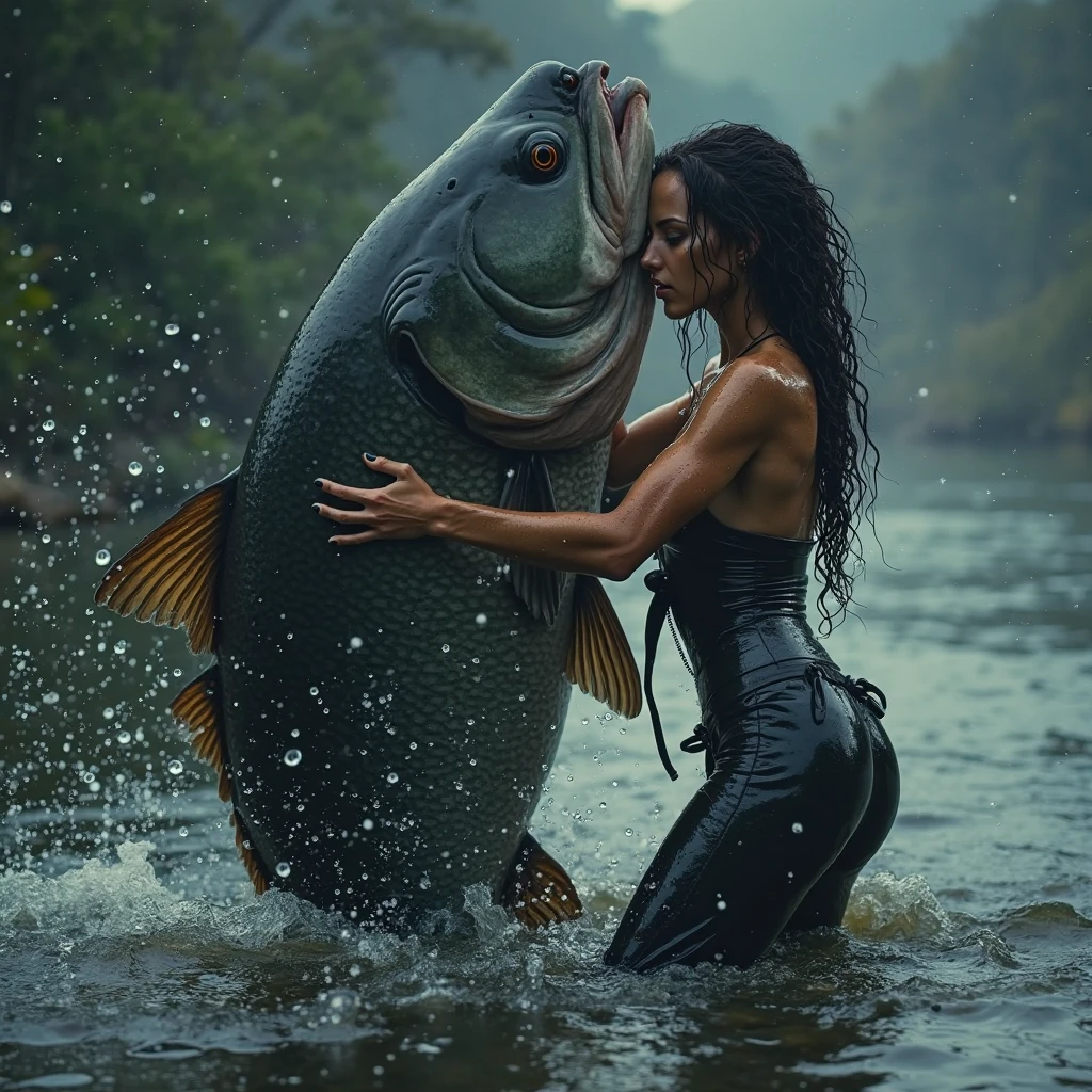 Sexy woman fights with a big fish and wears waders and latex suit dripping wet 
