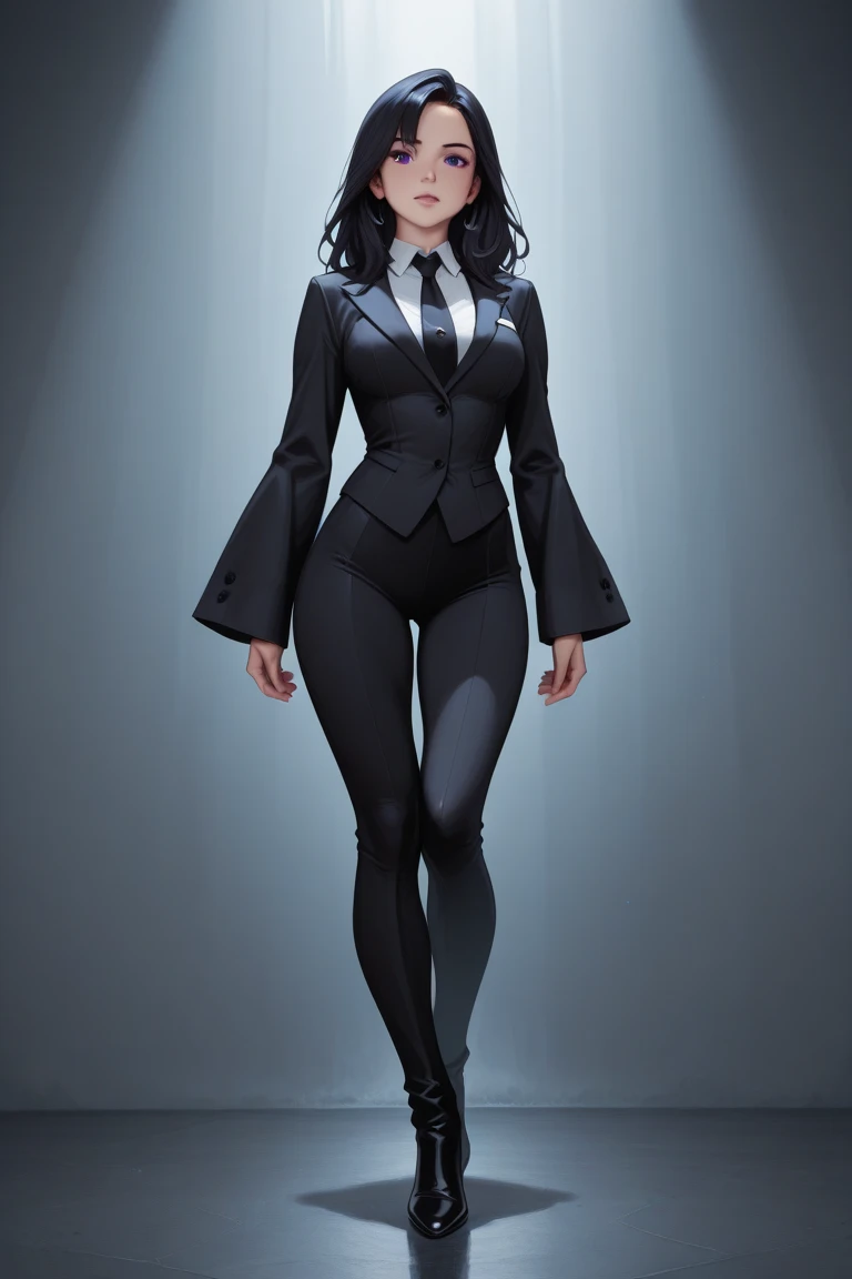 mib suit, neuralyzer, holding neuralyzer, flash, white pupils, :d, pencil skirt, large breasts, wide hips, vampirella, vampire, fangs, full moon, cityscape, <lora:MIB Suit and Neuralyzer V2:0.6>, <lora:Vampirella V1:0.6>