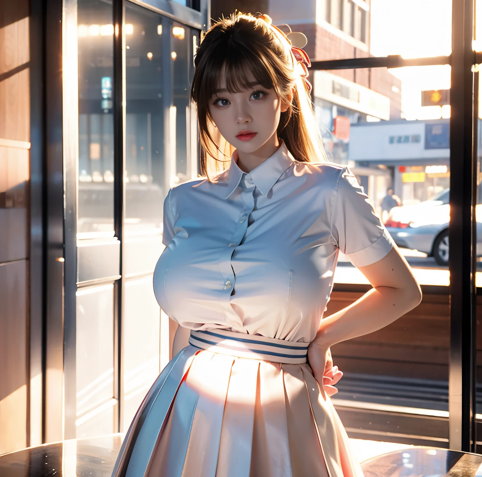 8K quality, pictures, A beautiful woman like a goddess, in the city where the backlight of the intense sunset is dazzling, Above the belly, (Micro Mini Pleated Skirt), (Red thin string ribbon tie on the collar of an unexposed shirt), (High chest position:1.2), Brilliant, beautiful, bright blue eyes, Blonde hair blowing in the wind, White Porcelain Whitening Skin, has bangs, Super Blast, Photograph, and look at the camera,