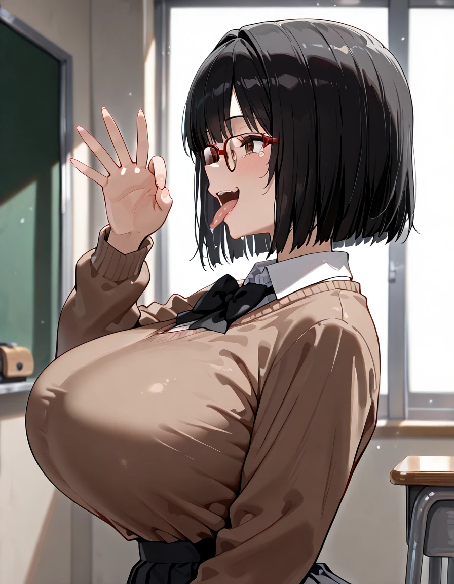 [1girl, Kitasan Black \(umamusume\), umamusume], (throw_hand, pink vibrator remote switch in throw_hand, throw:1.2), Highest quality, Super detailed, masterpiece, Ultra-high resolution, 8K, Ridiculous, Cowboy Shooting, Blurred, One girl, Focus on the girl, Embarrassing, blush, Lovely, Close one eye, With tears in her eyes and her mouth open, What saliva leaves behind, Wet skirt hem, (Sticky panties:1.1), Bulging of the vibrator cord, Vibrator with Garters, (cleavage), Classroom Background, The skirt is accidentally exposed,(large breasts), (crop top navel), (waist line), Accidentally exposed panties