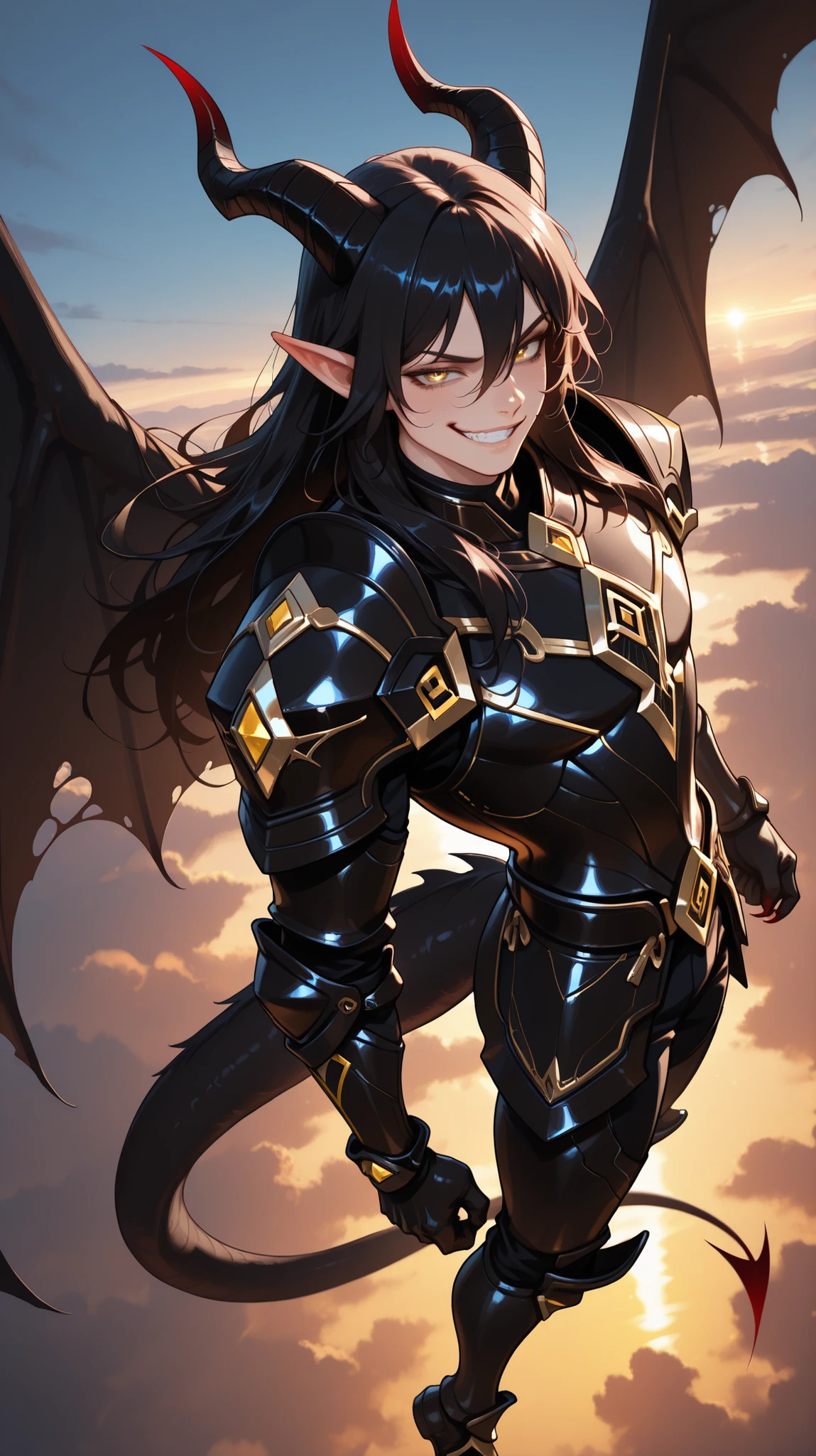 Masterpiece, (((Anime))), 1 male, lean body, muscular, (((sky))), (((flying))), weredragon, korean webtoon style, glossy black, shiny black leather, ((beautiful golden eyes, finely detailed eyes, vertical iris)), hair between eyes, long hair, sideburns, wild hair, (sly grin, smirk, evil smile), teeth, confident, black hair, ultra detailed face, shiny skin, long pointy ears, twisted torso, long-legged, sculpted face, wasp waist, dragon’s horn, dragon’s tail, dragon’s wings, (((black armor with a lot of grandiose decorations))), half dragon half human, dragon’s sharp claws, dramatic angle, dynamic posture, high quality metal texture, ultra detailed black armor, finely detailed black armor, all black outfit, whole body, emphasize face, focused expression, sharp focus, flourish, sexy gestures, an oblique angle, good-looking man, well-polished black armor, charismatic pose, (best illustration), cinematic, super detailed, dramatic lighting, intricate detail, exquisite detail, reflection, a pearly luster, ((highly detailed artwork)), dramatic shadows, tenebrism, chiaroscuro, ((best quality)), (extreme detailed), perfectly designed, wonderful pose, chiseled features, stark contrast, heavy shadows, detailed black decorations, beautiful and aesthetic, photoreal, from above, fantasy black armor, opulent attire, sparkling accessories, thick and luxuriant hair, ultra detailed fantasy black armor, intricately black armor, he dressed in black, broad shoulder, bright eyes, true-to-life visuals, artistically refined, captivating beauty, dramatic contrasts, ((an extremely delicate and beautiful armor)), exquisite goldwork, wonderful black armor, armor with intricate engravings, armor-type boots, ((detailed shoulder armor with intricate engravings, gold accent black armor)), (128K Ultra High Resolution), very gorgeous and dazzling, dark fantasy black knight, slim waistlines, wide chested, sinewy body, splendid scenery background, (((Hyper Detailed & Perfectly Designed Black Armor)))