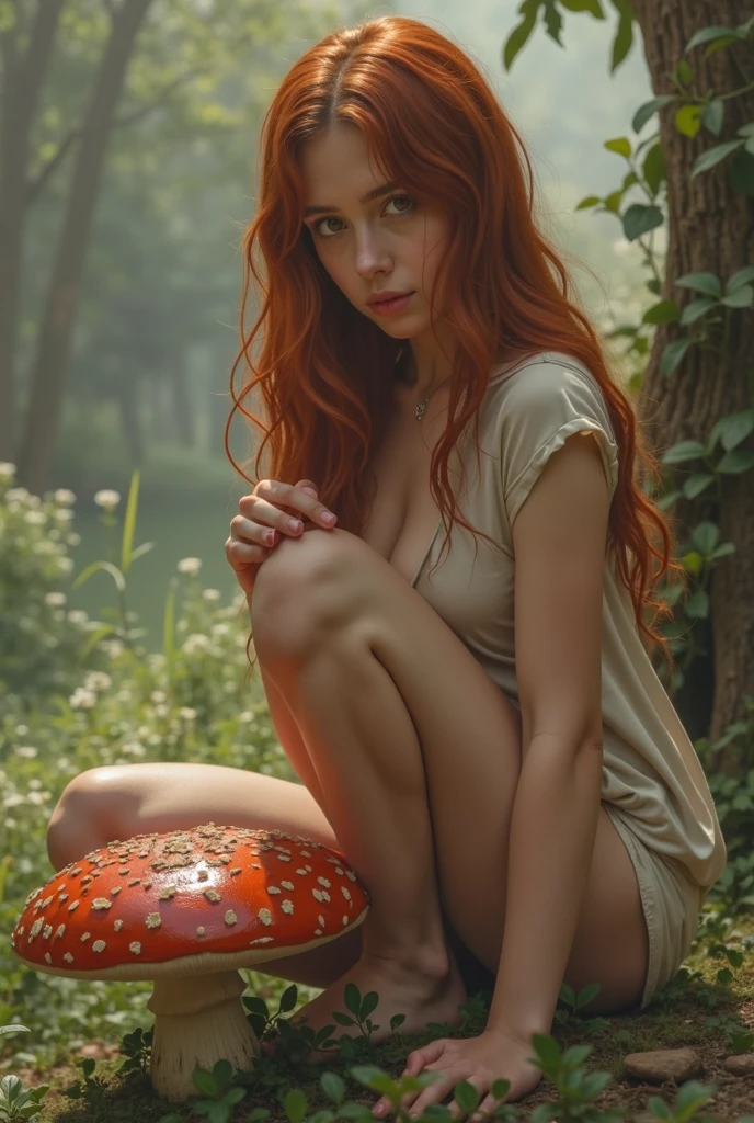 Small Sexy redhead nude drawf very small in Forest on knees bald pussy opening pussy