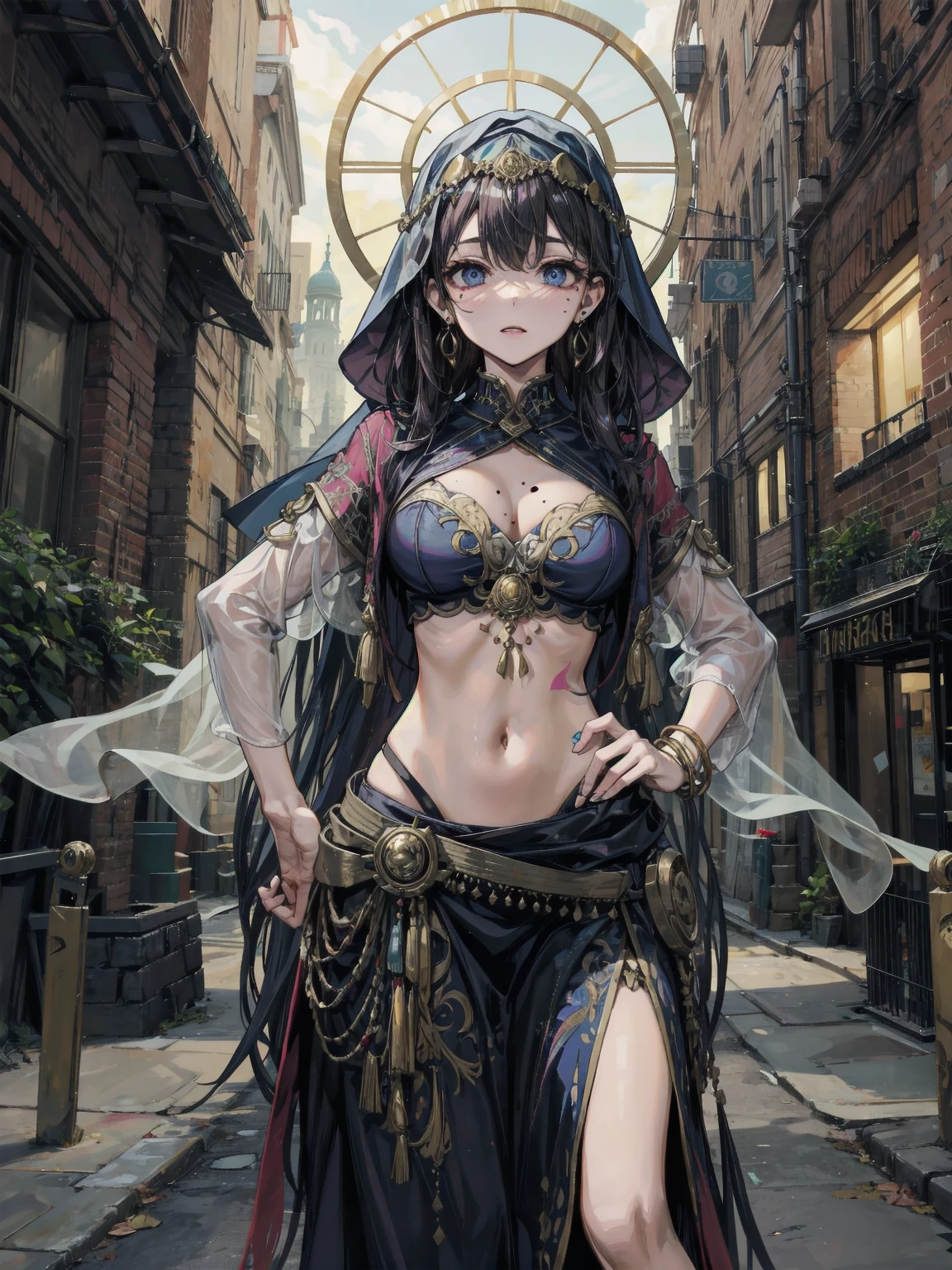 (Masterpiece, Best Quality:1.2), sharp image, 1girl, glasses, solo, mature female, skirt, queen, regal, egyptian, egyptian clothes, dark-skinned female, dark skin, long hair, white hair, straight hair, sidelocks, red eyes, angry, large_breasts, tattoo, hair ornament, jewelry, see-through, draped white silk, cloth curtains over body, outdoors, desert, oasis, bright sun, cinematic lighting, lens flare, <lora:ayaShobonStyleLora_ayaShobon:1> Aya Shobon, Shobon