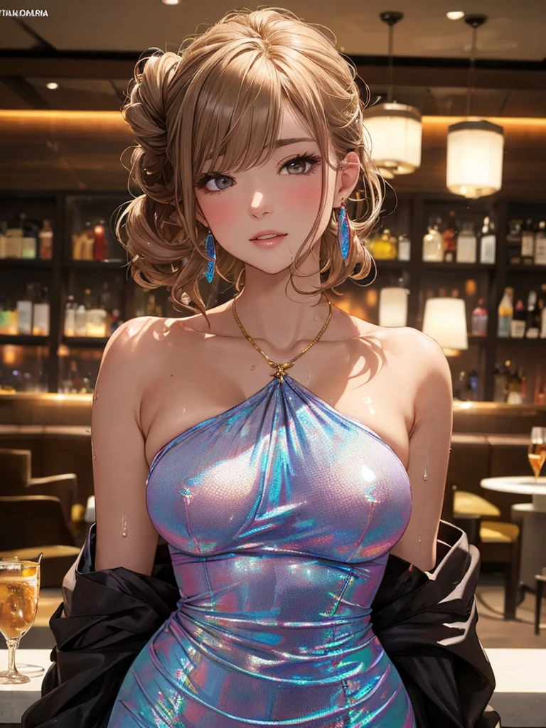 ((Highest quality, 8k, masterpiece :1.3)), (Sharp focus :1.2, Beautiful woman with perfect figure :1.4, Slim Abs), ((Big Breasts, Emphasize cleavage:1.2)), (Photorealistic:1.4), (realistic:1.4), (Pink Hair:1.5), Highly detailed face and skin texture, Fine grain, double eyelid. Makeup face, A little bit of lipstick, sex appeal, Sexy gravure pose, ((Sexy beauty in purple crop top and tight pants、Smiling in a city bar。She is wearing gold accessories and high heels that accentuate her beautiful legs.。:1.3))