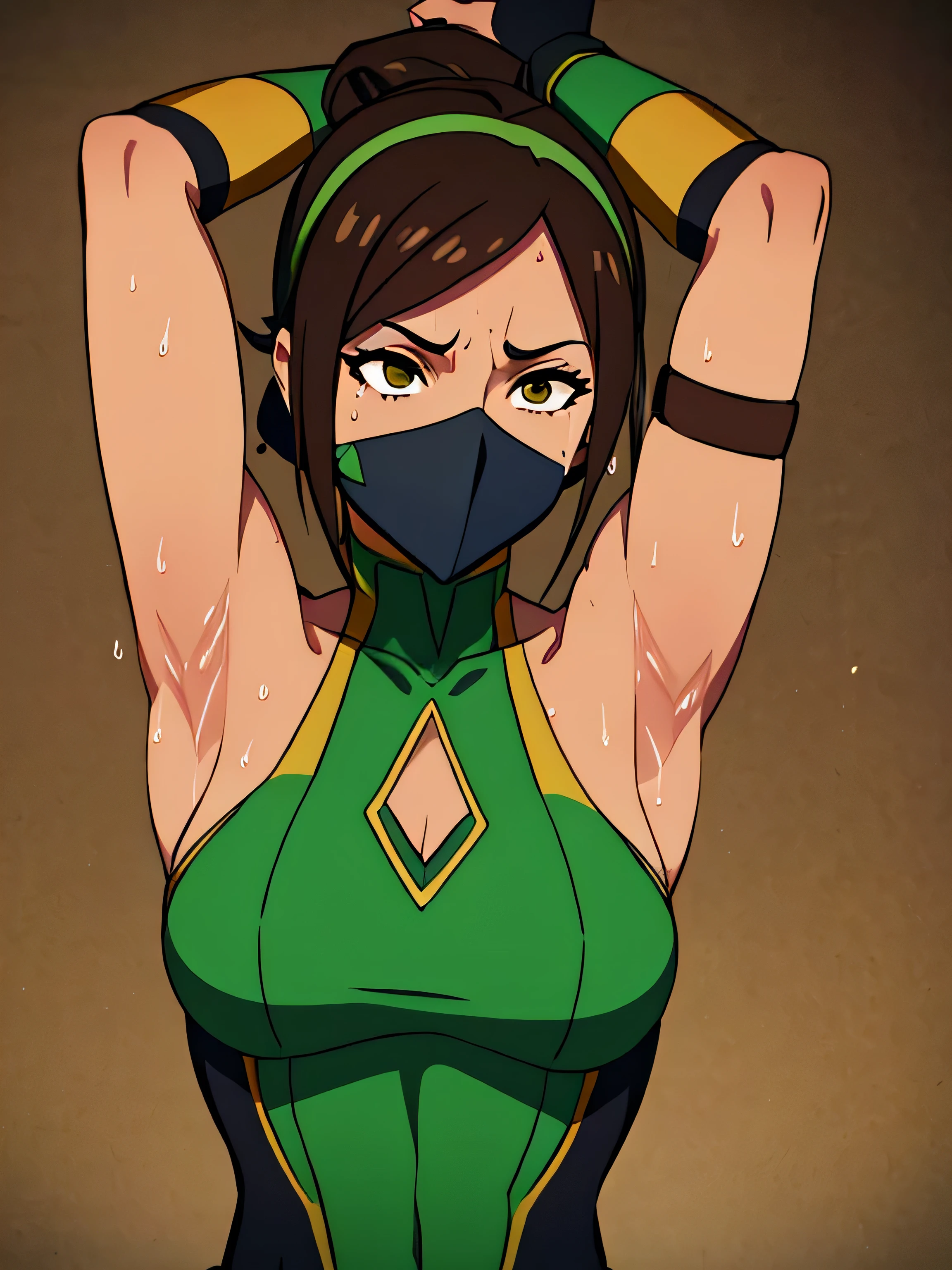 Jade, human woman with wheatish complexion,slightly dark skin, sleeveless.She has brown eyes and blackish blue clothing. Her hair is blackish brown in color; She is beautiful.Tsundere face.,mature appearance,armpits,sweat,sweaty,sweaty armpits,arms up,showing armpits,awesome armpits,outfit,blackish green arm warmers,blackish green arm bands,black arm warmers, wearing Konoha headband,wearing green face mask