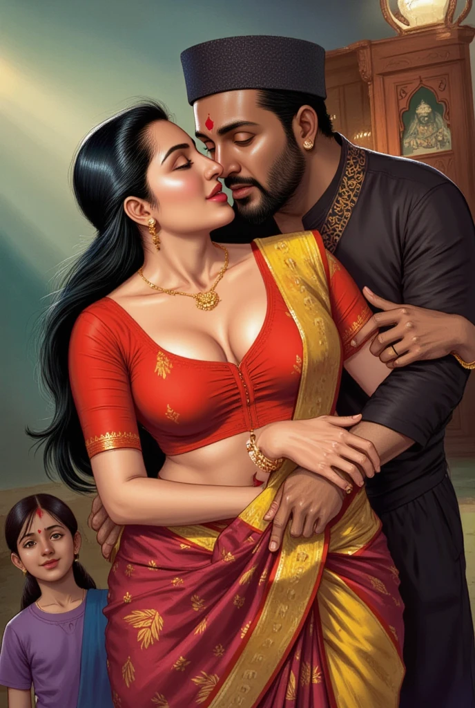 Amazing portrait of a sexy woman who is a MILF and a neighbour with her black hair in a bun wearing a saree kissing and making out passionately with her male neighbour on her bed in an intimate setting