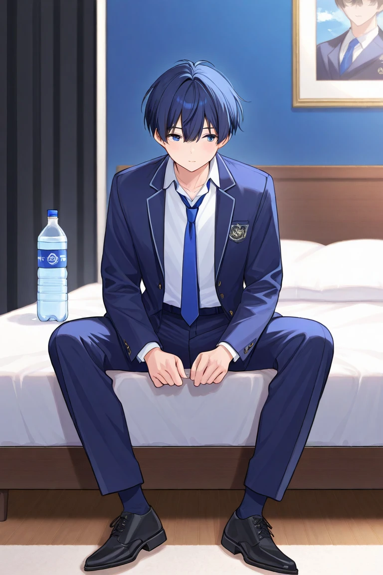 1boy, raped, spread legs, little bulge, nipples, school uniform , jaz pants, erection under clothes
