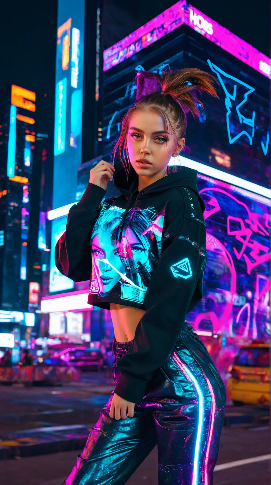 close-up of a woman in a neon top, cyberpunk art, inspired by Elsa Bleda, trending on pixels, holography, Glowing portrait of a girl, Anna Nikonova, aka Newmilky, Neon lights in the background, bright glow of cyberpunk, Holographic neon flares, Neon Cyberpunk Moments, iridescent neon, Trendy neon light, Neon lights in the background