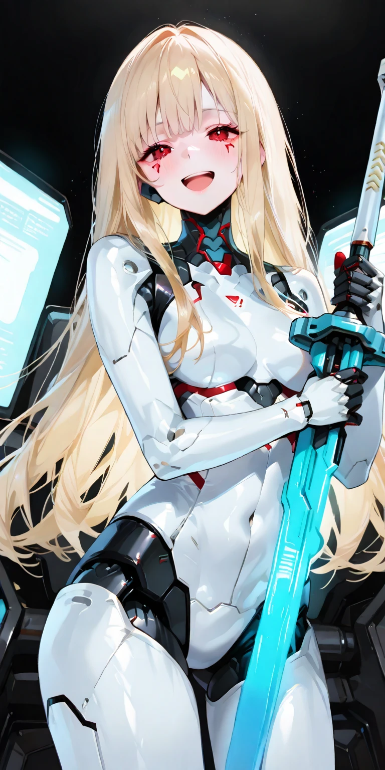 Masterpiece, highest image quality, extremely fine CG, dynamic angle, ultra-high resolution, extremely beautiful mechanical girl, top illustration, mechanical cat ear blessing, the sense of future technology is overflowing. Light blue with light red pupils, engraving, top quality, cool, sense of technology, succubus attributes, translucent technology combat suit