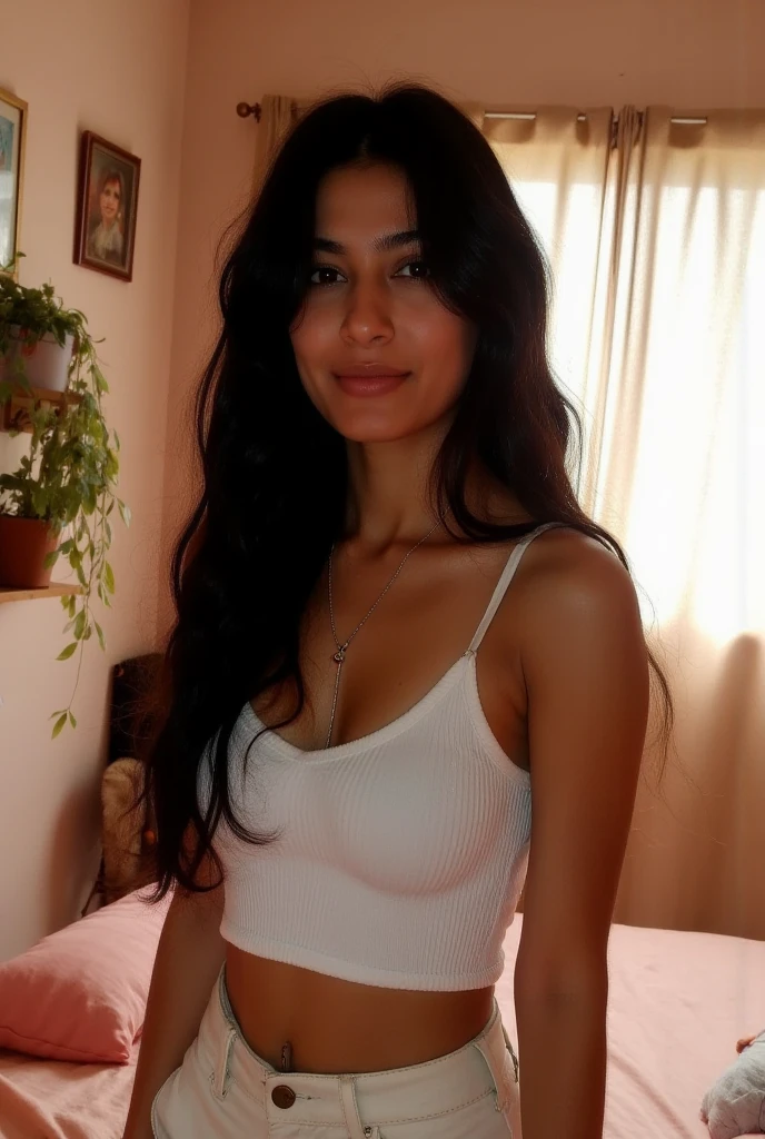 (Cute glamour model), gorgeous teenony skinned arab, super long black hair, youthful, young, teen, teer, (lng at the camera), indoor lighting, huge breasts, thin, skinny, dainty, delicate, no bra, relaxing and flirting in a livingroom, oversized white shirt