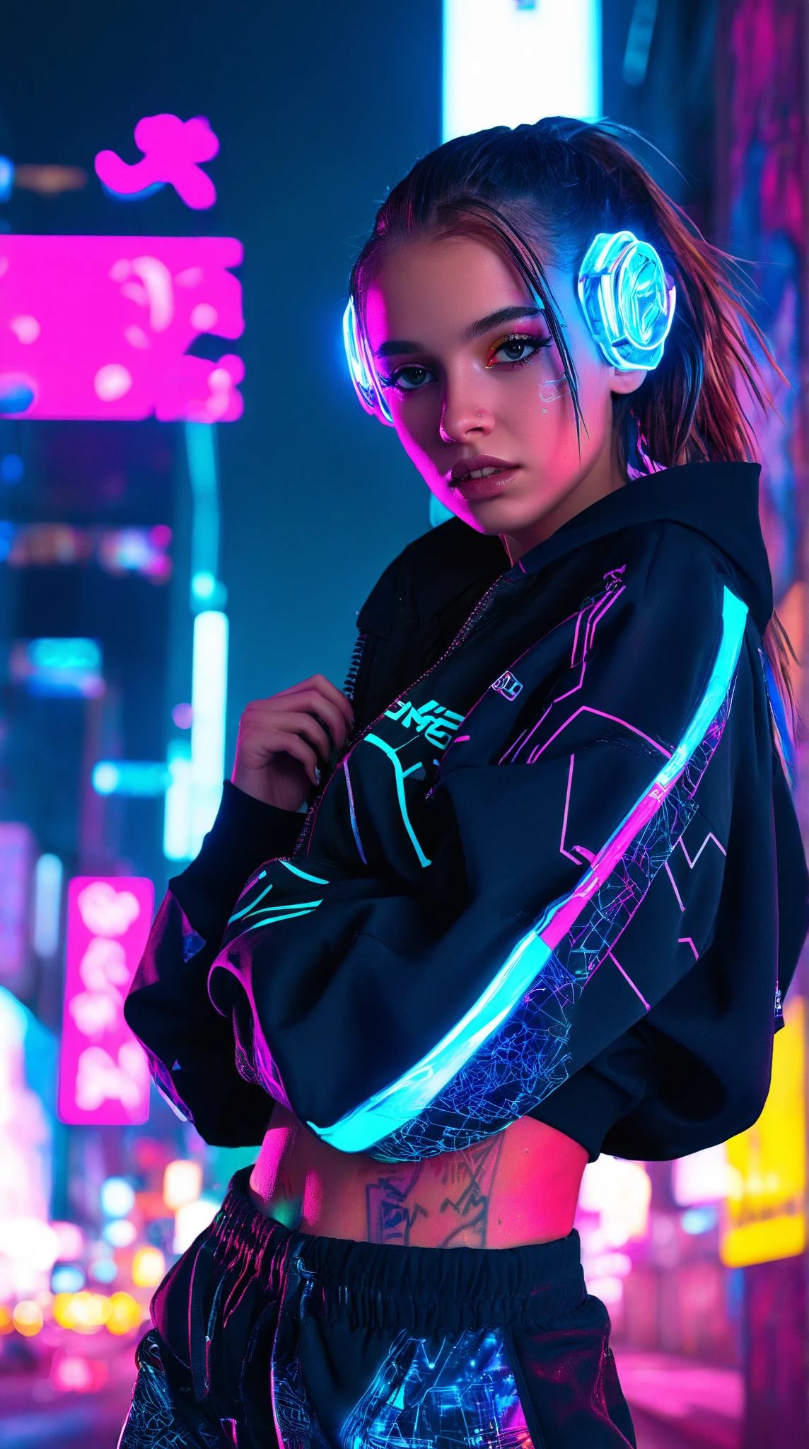 best quality,ultra-detailed,realistic,portrait, HDR, vivid colors, professional, girl model, full-length mirrored hoodie, dark background, white neon lights, UHD, 16k