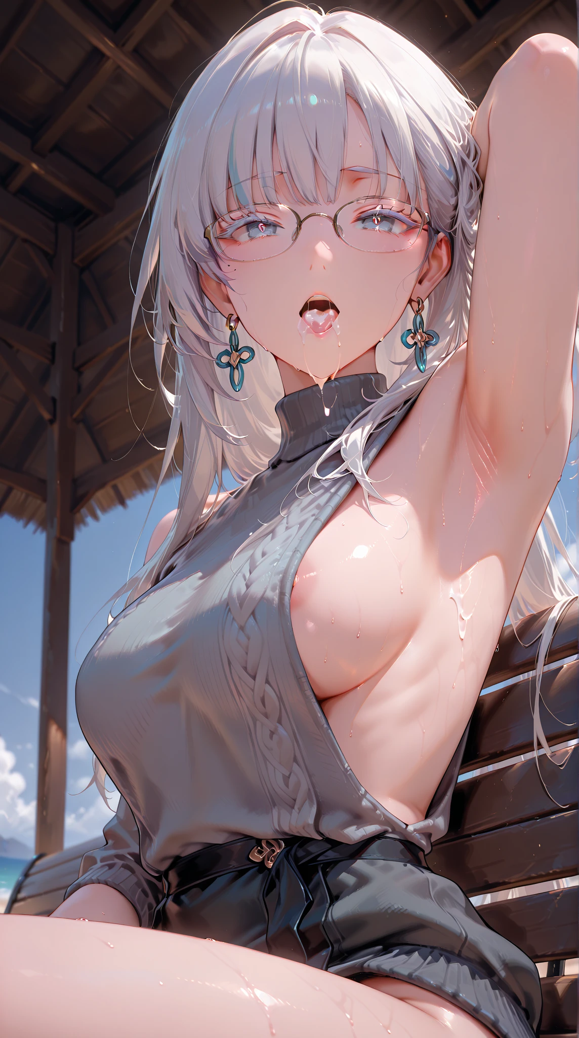 (Highest quality), (High resolution), (masterpiece), (Very detailed), silver wolf\(Collapse Star Rail\), Grey Eyes, Grey Hair, Long Hair, Vertical roll ponytail, hair ornaments,Blue Archive Art Style, One Girl, Silky skin, Glowing Skin, blush, Heart pupil, Heavy breathing,(Micro Bikini), Front view, (Bright saturation), Press your chest against the glass, The chest is crushed, Right in front of you